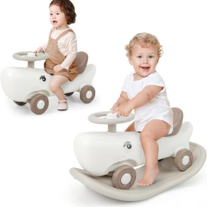 BABY JOY 3 in 1 Rocking Horse, Ride On Push Car for Toddlers w/Detachable Balance Board, Smooth Wheels & Anti-Slip EVA Strips, Shark Rocking Sliding Toy Set for Boys Girls Indoor Outdoor Play (White)