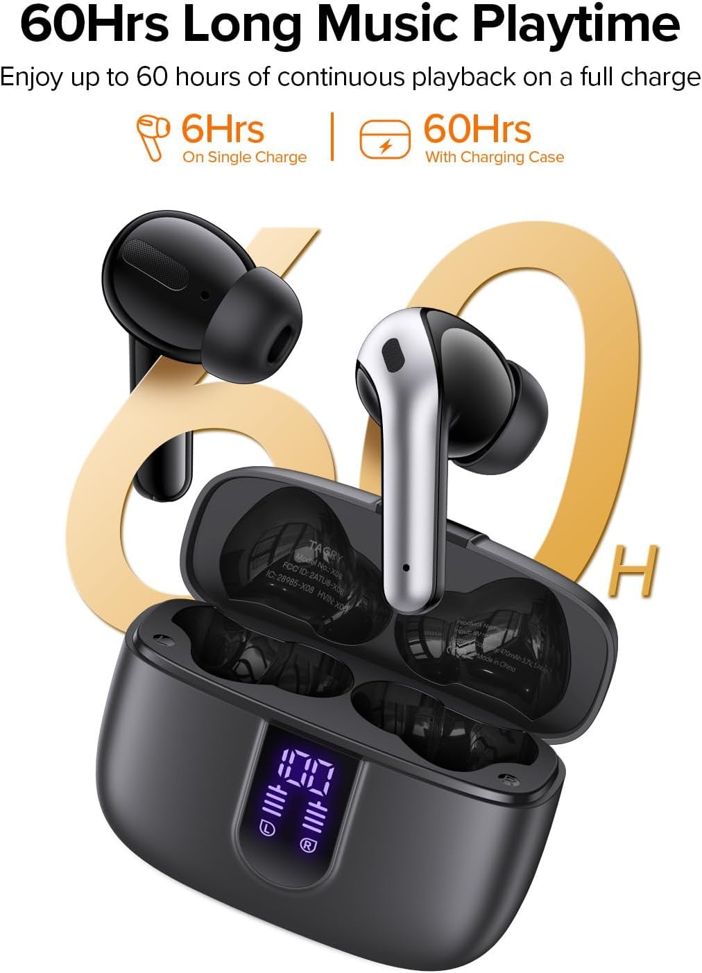 TAGRY Bluetooth Headphones True Wireless Earbuds 60H Playback LED Power Display Earphones with Wireless Charging Case IPX5 Waterproof in-Ear Ear buds with Mic for TV Smart Phone Laptop Computer Sports - Image 3
