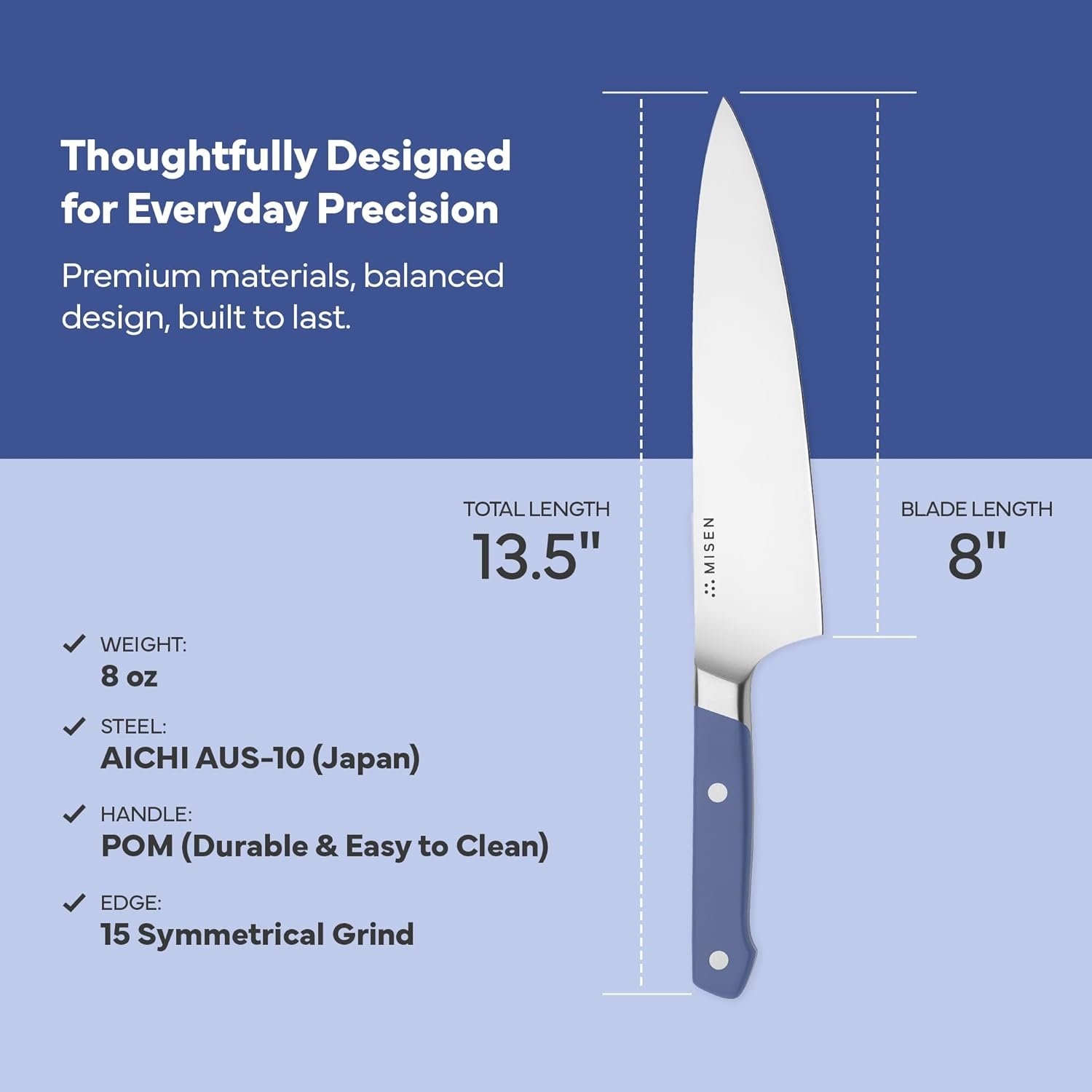 Misen 8" Chef Knife – High Carbon Japanese AUS-10 Stainless Steel – Hybrid German & Japanese Blade – Precision Kitchen Knife for Professionals & Home Cooks – Ultimate Cutting Performance - Blue - Image 2