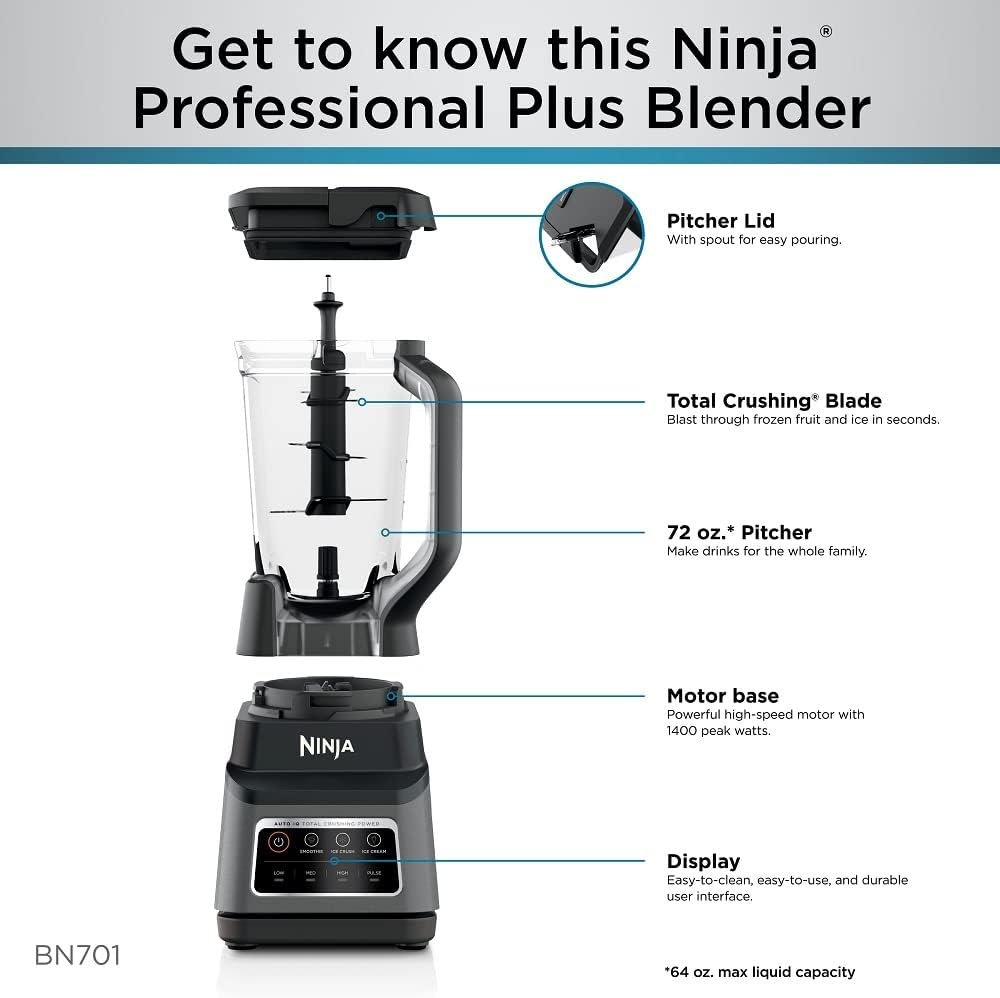 Ninja BN701 Professional Plus Blender, 1400 Peak Watts, 3 Functions for Smoothies, Frozen Drinks & Ice Cream with Auto IQ, 72-oz.* Total Crushing Pitcher & Lid, Dark Grey - Image 10