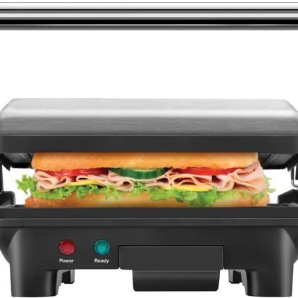 Chefman Electric Panini Press Grill and Gourmet Sandwich Maker w/ Non-Stick Coated Plates, Opens 180 Degrees to Fit Any Type or Size Food, Dishwasher Safe Removable Drip Tray, Stainless Steel/Black