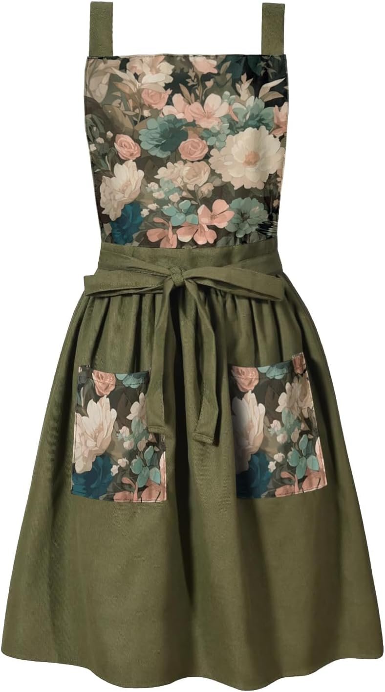 Vintage Cute Apron Dress for Women with Pockets,Cross Back Pinafore Aprons for Cooking,Baking,Kitchen,Gardening