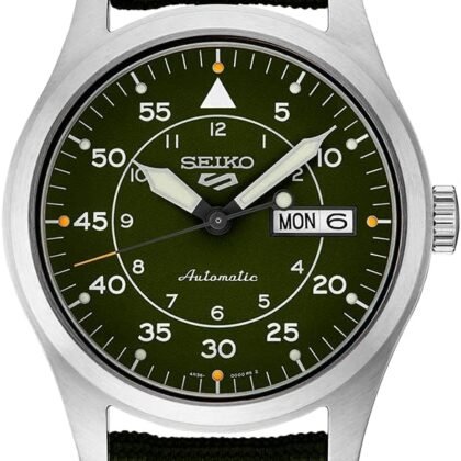 SEIKO SRPH29 Watch for Men - 5 Sports - Automatic with Manual Winding Movement, Green Dial, Stainless Steel Case, Green Nylon Strap, 100m Water Resistant, with Day/Date Display