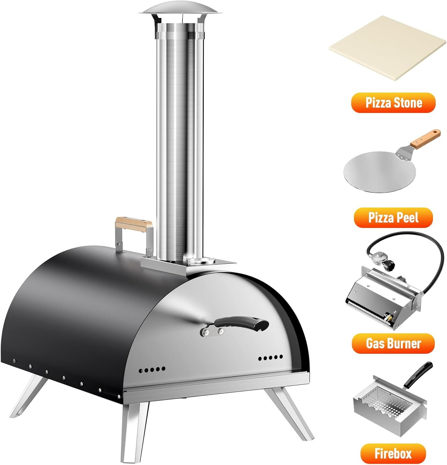 Multi-Fuel Pizza Oven Outdoor, 12" Portable Wood and Gas Fired Pizza Oven with Thermometer,Gas Hose & Pizza Stone,Heats up to 1000°F,Stainless Steel Pizza Oven for Backyard or Camping (Black) - Image 8