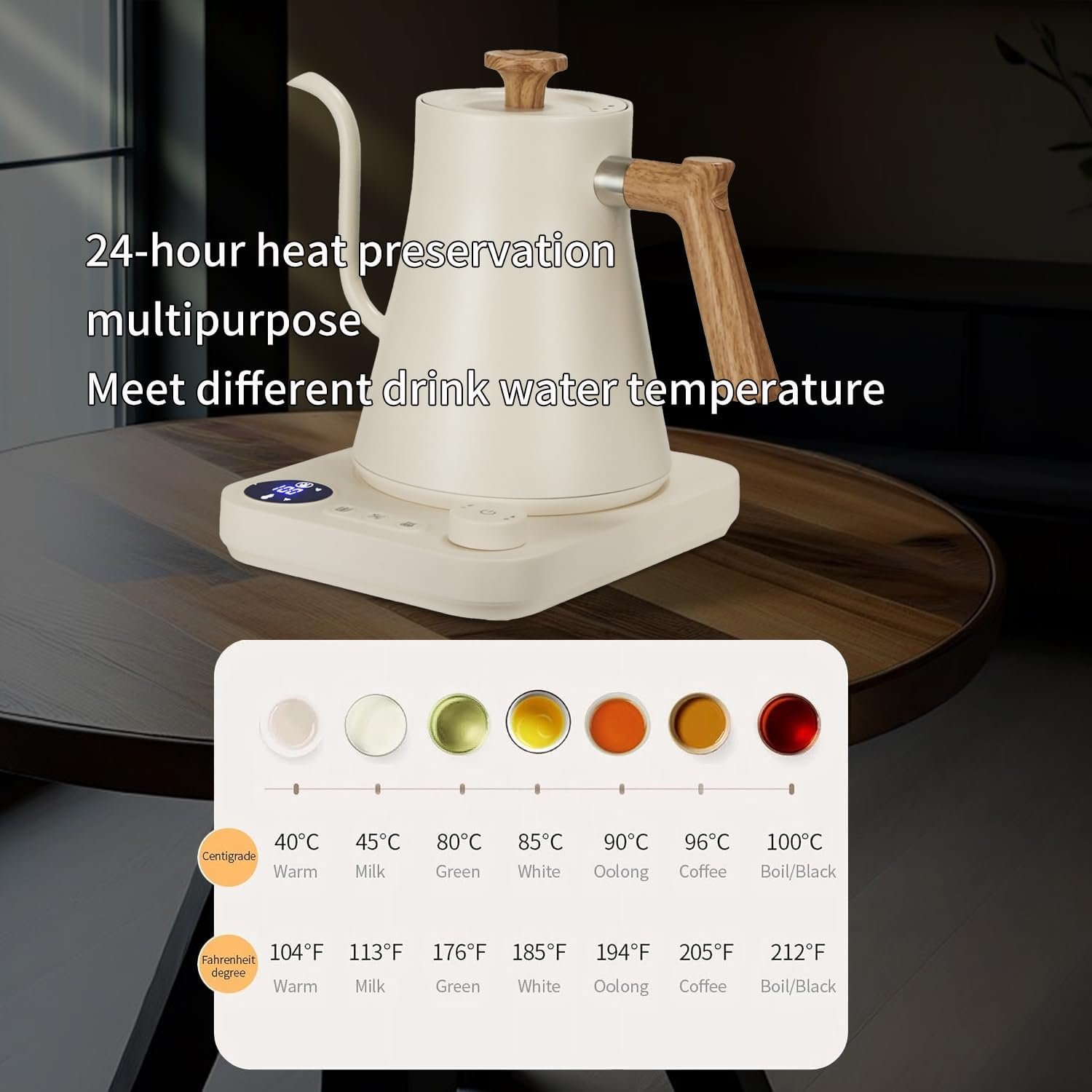 Electric Kettles, Gooseneck Electric Kettle, ±1℉ Temperature Control, Stainless Steel Inner, Quick Heating, for Pour Over Coffee, Brew Tea, Boil Hot Water, 0.9L (White) - Image 3