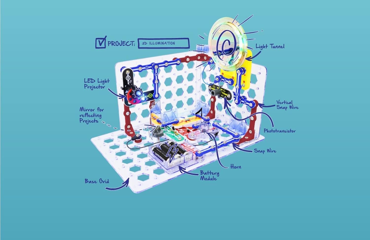 Snap Circuits 3D Illumination Electronics Exploration Kit | Over 150 STEM Projects | Full Color Project Manual | 50 Parts | STEM Educational Toys for Kids 8+ - Image 7
