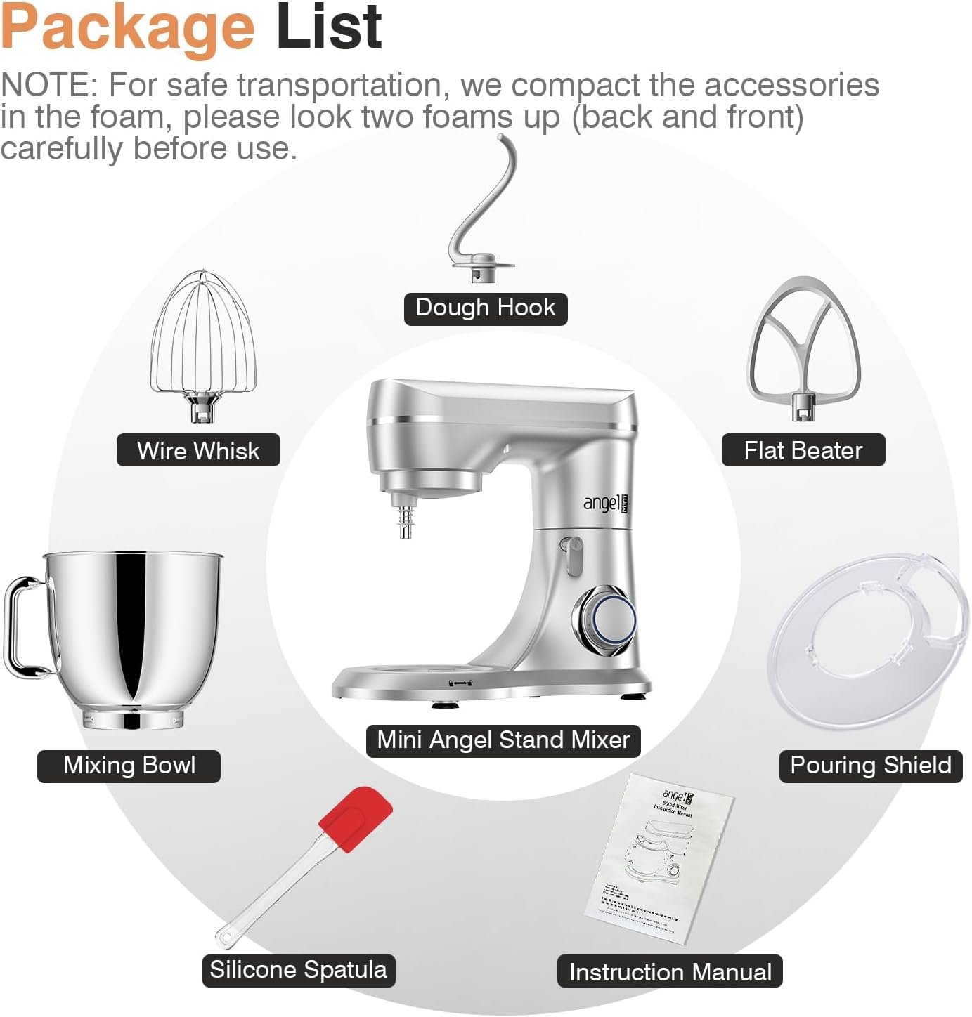 Mini Angel Stand Mixer,10-Speed 5QT Kitchen Electric Mixer,Tilt-Head Food Mixer with Dough Hook, Wire Whisk, Flat Beater, Stainless Steel Bowl (Silver) - Image 8