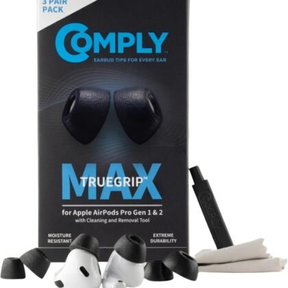 Comply TrueGrip MAX | Premium Memory Foam Replacement Earbud Tips for Apple AirPods Pro 1 & 2 | Long Lasting Comfort, Extreme Durability, Secure Fit, Superior Noise Isolation| Black (S/M/L) (3 Pairs)