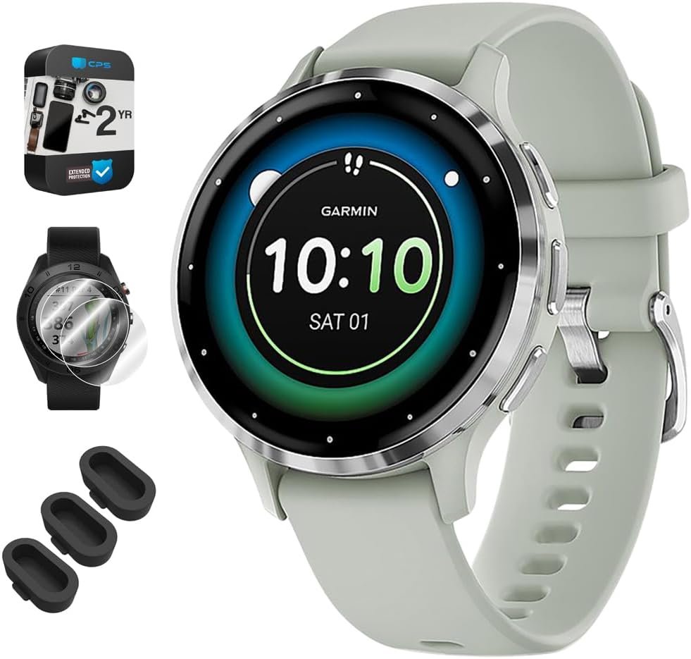 Garmin 010-02785-01 Venu 3S Health Fitness GPS Smartwatch Steel Bezel with Sage Gray Case 41mm Bundle with Dust Cover 3 Pack, 2-Pack Screen Protector and 2 YR CPS Enhanced Protection Pack