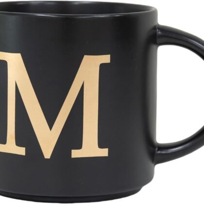 COLLECTIVE HOME - Monogram Ceramic Mugs, 15 oz Golden Initial Black Coffee Cups, Elegant Alphabet Tea Mugs, Elegant Personalized Mug with Gift Box, Unique Mug with Double Side Capital Lette (M)