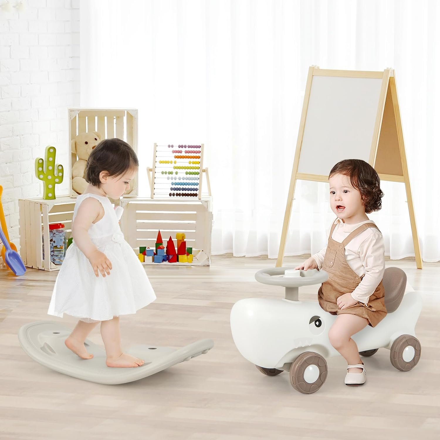 BABY JOY 3 in 1 Rocking Horse, Ride On Push Car for Toddlers w/Detachable Balance Board, Smooth Wheels & Anti-Slip EVA Strips, Shark Rocking Sliding Toy Set for Boys Girls Indoor Outdoor Play (White) - Image 9