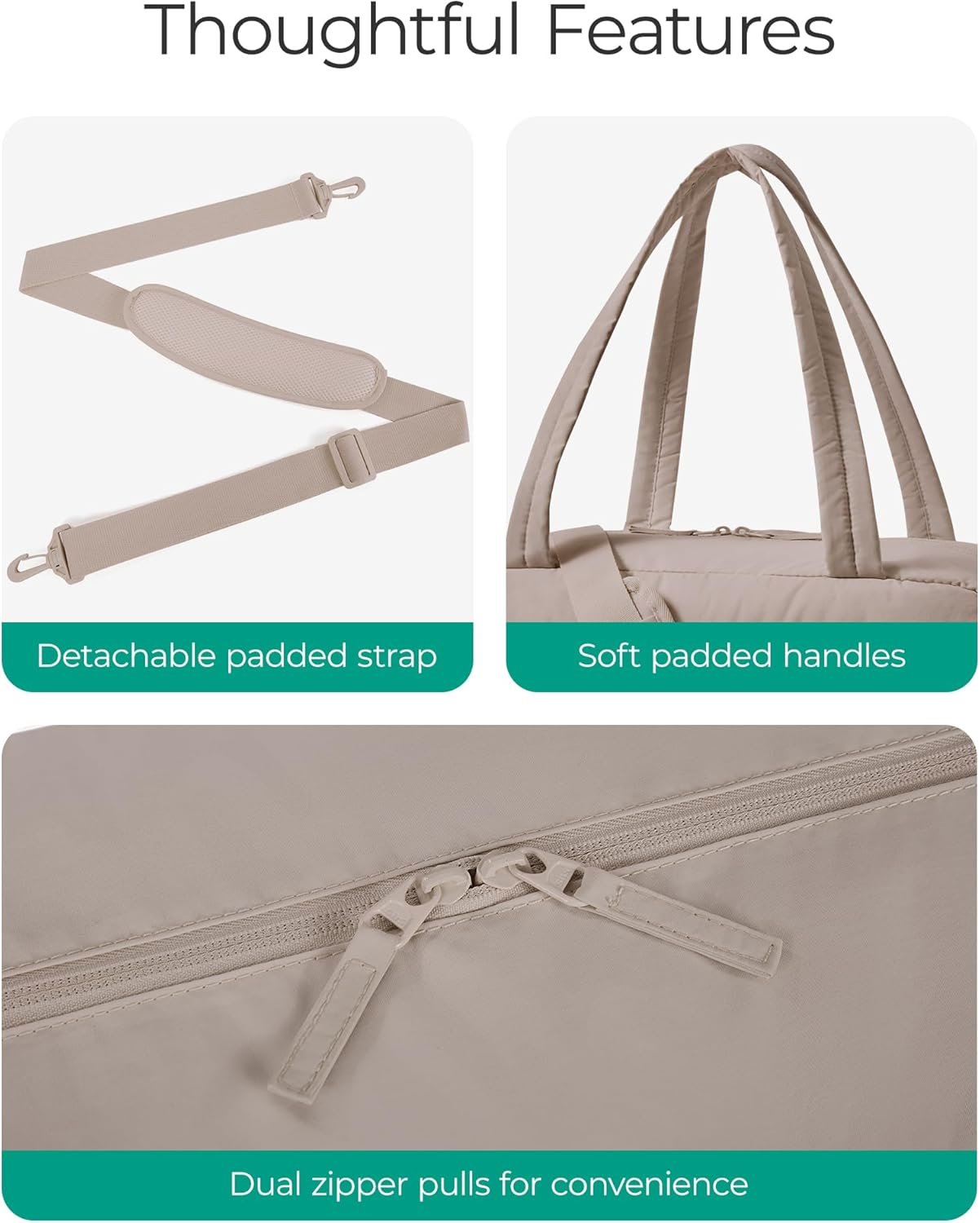 BAGSMART Gym Bag for Women, Lightweight Puffer Duffle Bag 2-PC Travel Bag, 31L Weekender Overnight Bag Quilted Carry On Tote Bag, Diaper Hospital Dance bag for Travel, Gym, Water Resistant, Camel - Image 6