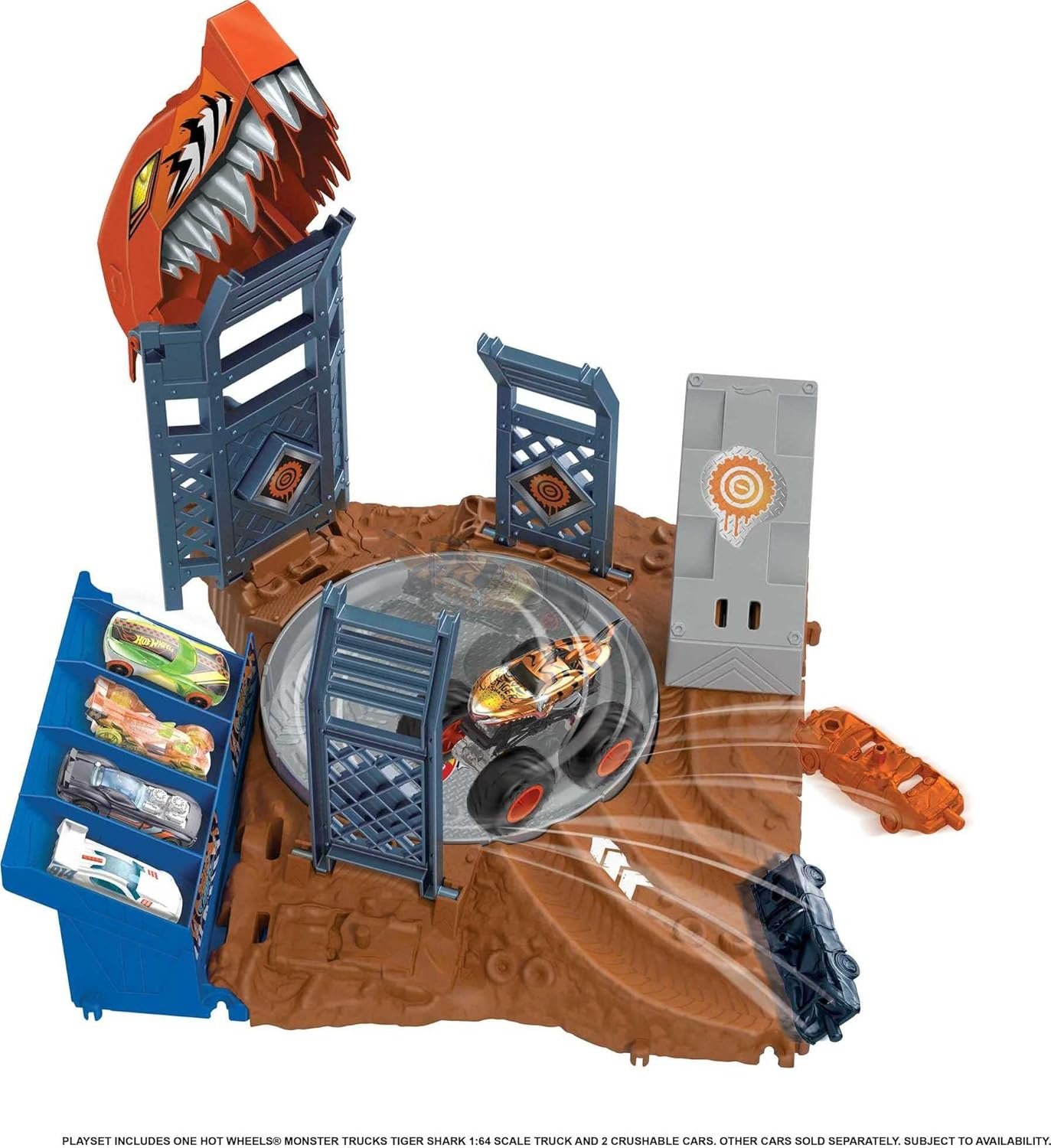 Hot Wheels Monster Trucks Arena Smashers Tiger Shark Spin-Out Challenge with a 1:64 Scale Tiger Shark and 2 Crushable Cars, HNB93 - Image 3