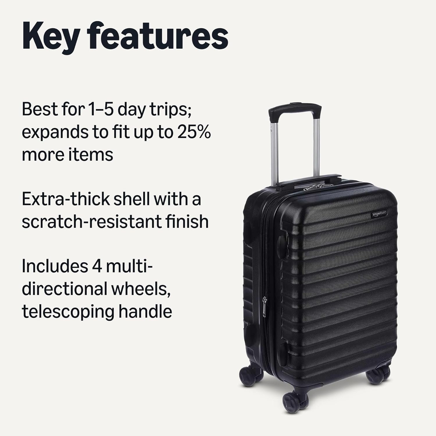 Amazon Basics 21" Hardside Carry-On Luggage, Hardshell Suitcase With Wheels, Expandable For Up to 25% More Space, With Scratch-Resistant Surface, Four Multi-directional Wheels, Black - Image 2