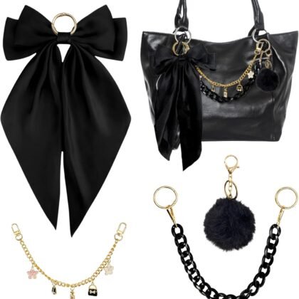 4PCS Tote Bag Decoration Kit Compatible with YETI Camino 20/35/50 Carryall, Compatible with Bogg Beach Tote Bags Accessories, Bow Fluffy Ball Gold Chain Charms Accessories for Girls Women (Black)