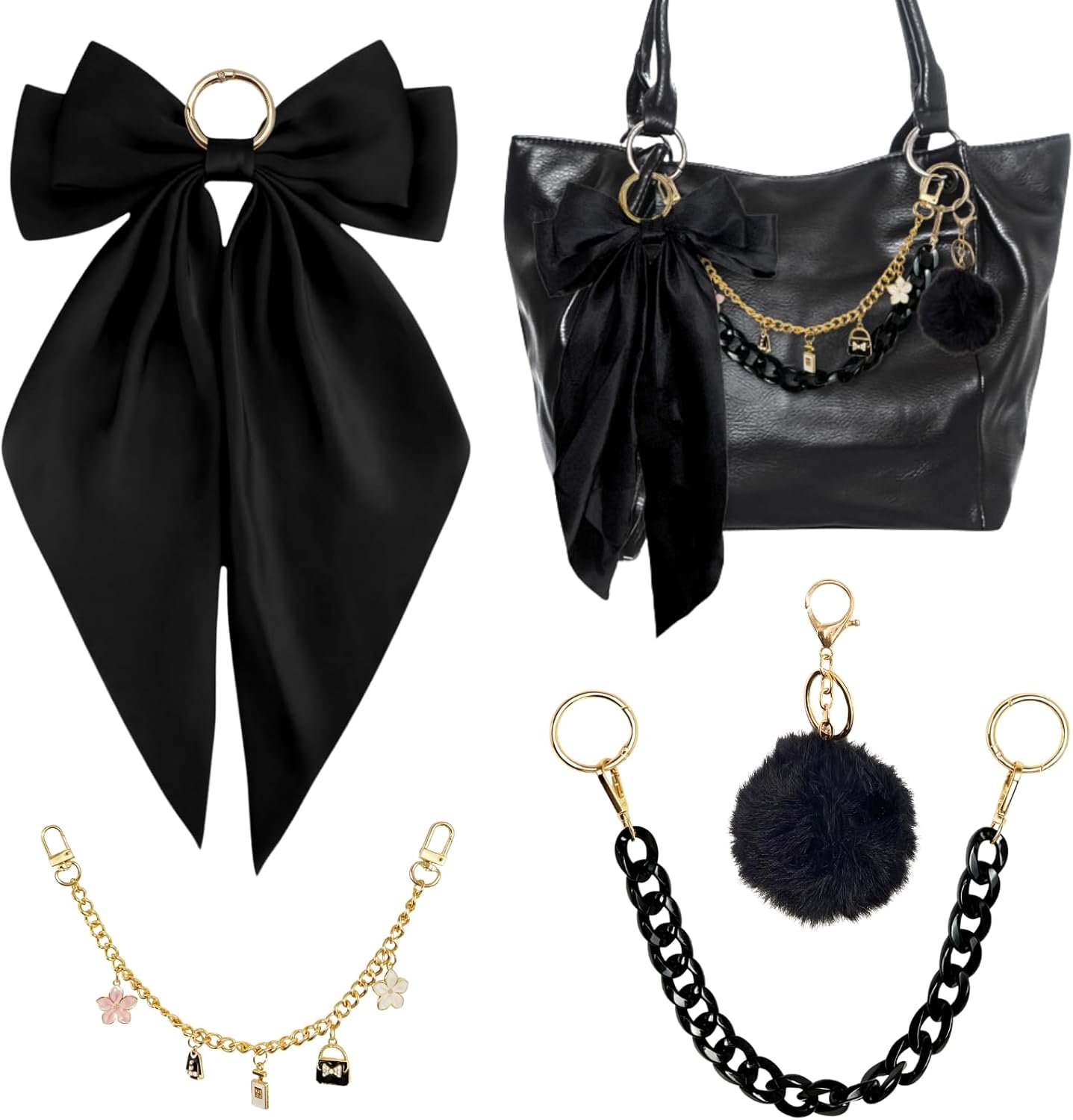 4PCS Tote Bag Decoration Kit Compatible with YETI Camino 20/35/50 Carryall, Compatible with Bogg Beach Tote Bags Accessories, Bow Fluffy Ball Gold Chain Charms Accessories for Girls Women (Black)