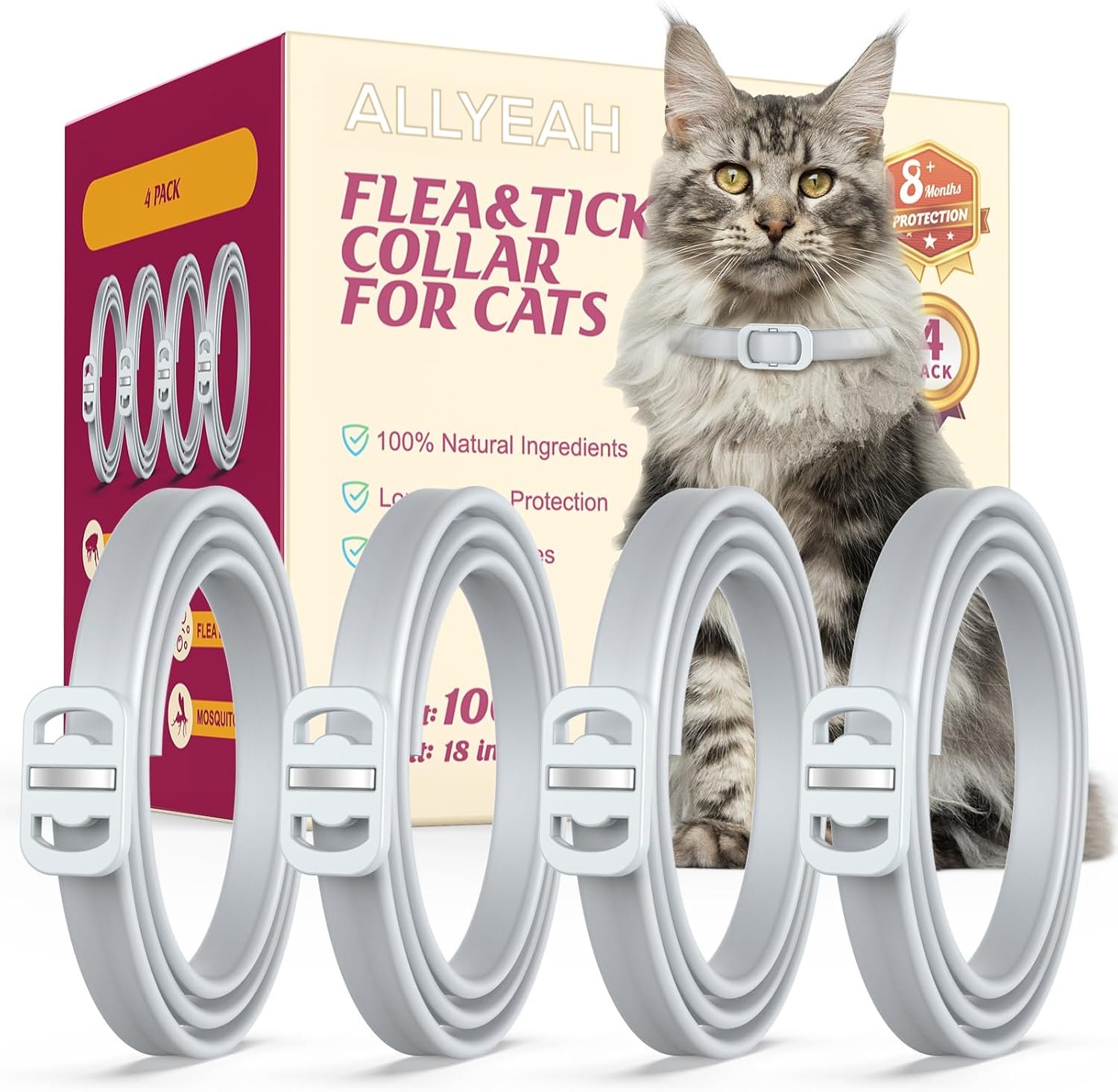 Natural Flea and Tick Collar for Cats – 4 Pack, 8 Months Long-Lasting Protection, Waterproof, Adjustable Size for Kittens and Adult Cats