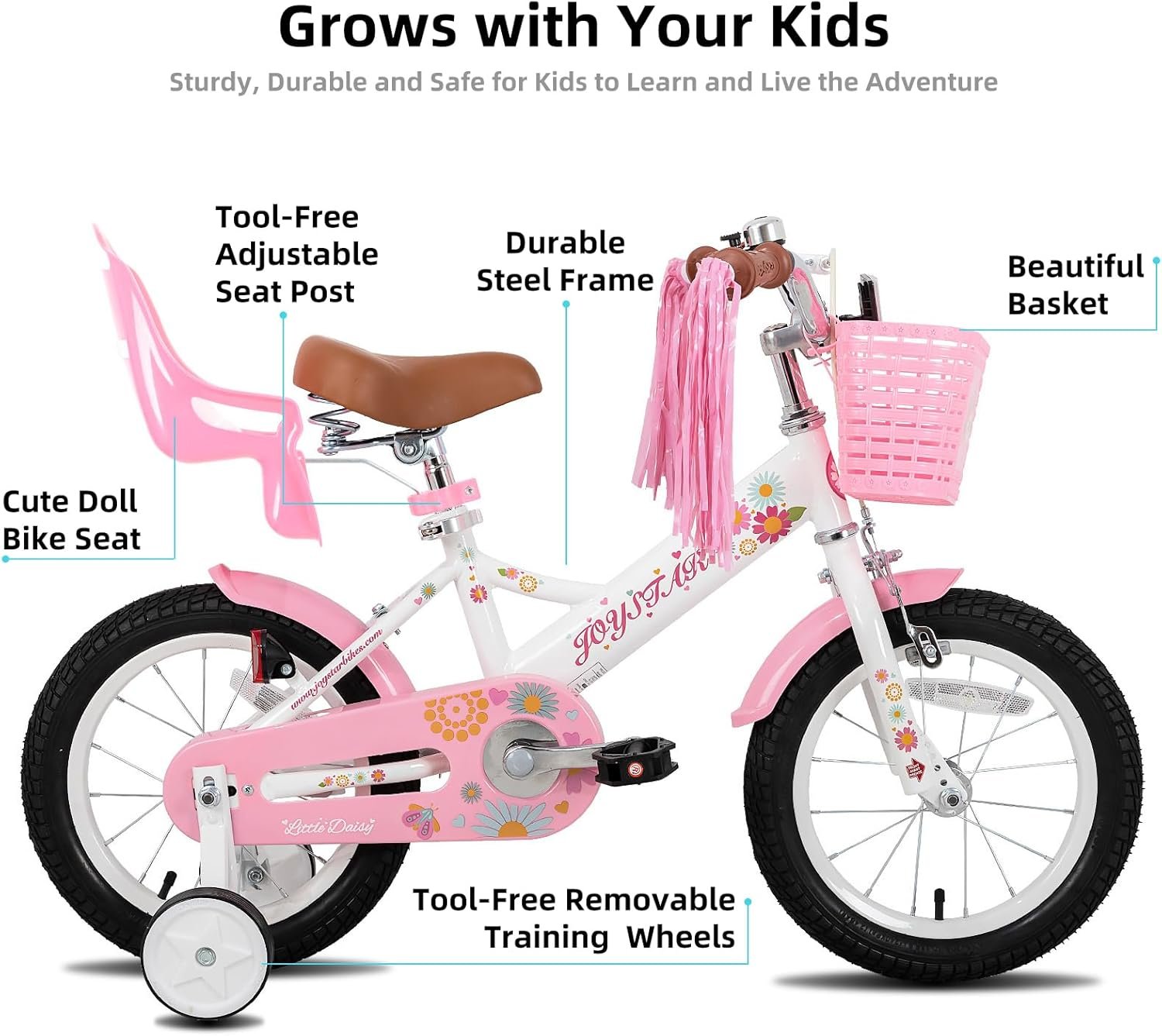JOYSTAR Little Daisy Kids Bike for Girls Boys Ages 2-7 Years, 12 14 16 Inch Girls Bikes with Doll Bike Seat & Streamers, Boys Bike with Flag & Number Plate, Multiple Colors - Image 2