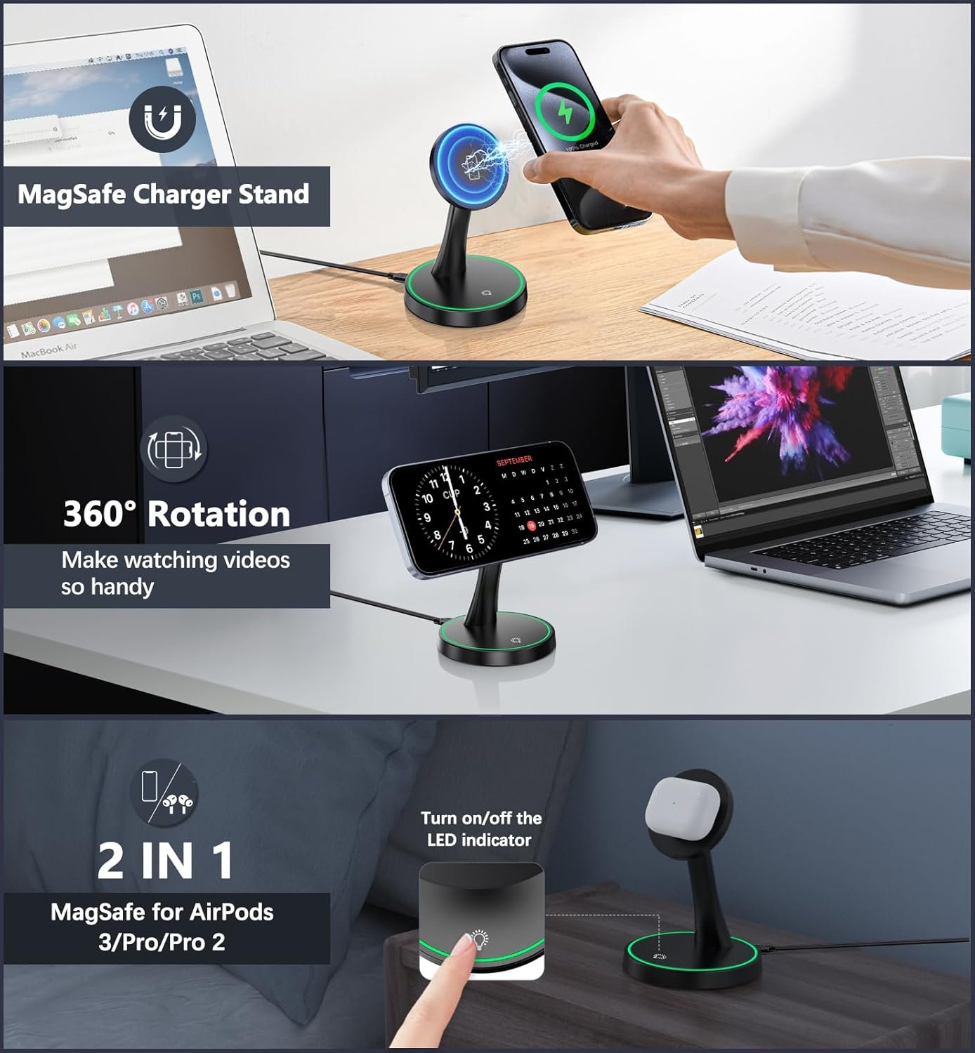 Magnetic Wireless Charger Stand 15W Fast Mag-Safe Charger for iPhone 17/17 pro/ 17 Air/ 17 pro max 16/15/14/13/12 Series Magnet Wireless Charging Station/Pad with Sleep-Friendly Light for AirPods - Image 2
