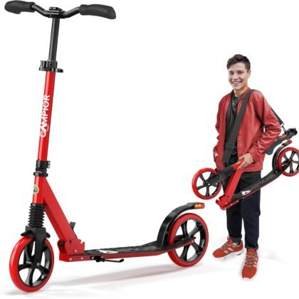 Kick Scooter for Ages 6+, for Kids, Teens, and Adults, Max Load 240 LBS, Foldable, 8-inch Big Wheels for Kids and Adults, with Kickstand, 3 Adjustable Levels, Child Safety Approved, Red