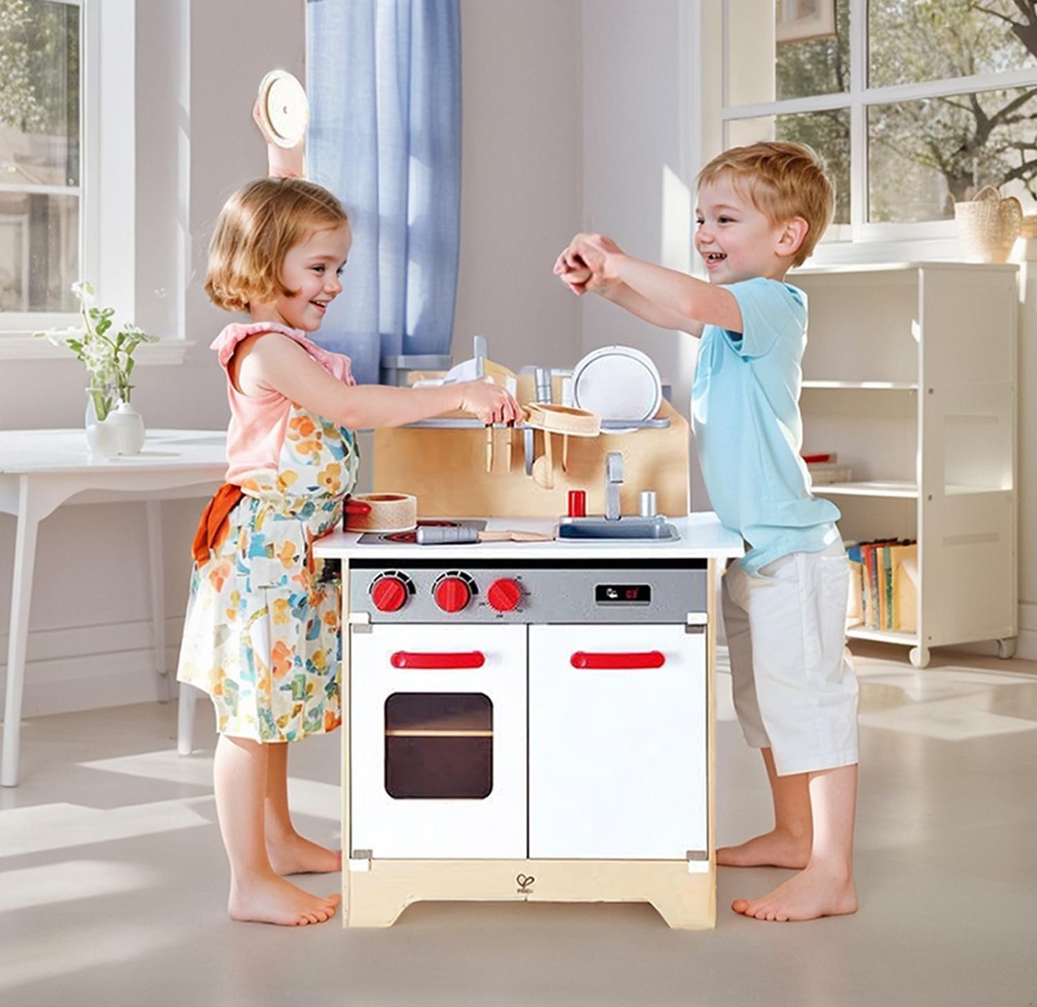 Hape Gourmet Kitchen Toy Fully Equipped Wooden Pretend Play Kitchen Set with Sink, Stove, Baking Oven, Cabinet, Turnable Knobs & Spice Shelf, Red - Image 5