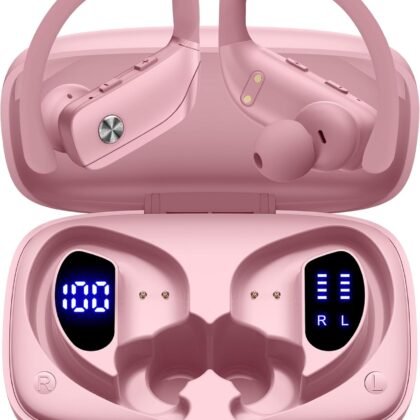 bmani Ear Buds Wireless Earbuds Bluetooth Headphones with 80H Playtime LED Display Case, Over-Ear Hook with Mic, Stereo Sound, Easy Button Controls, Sports Earphones for Running Workout Gym Pink