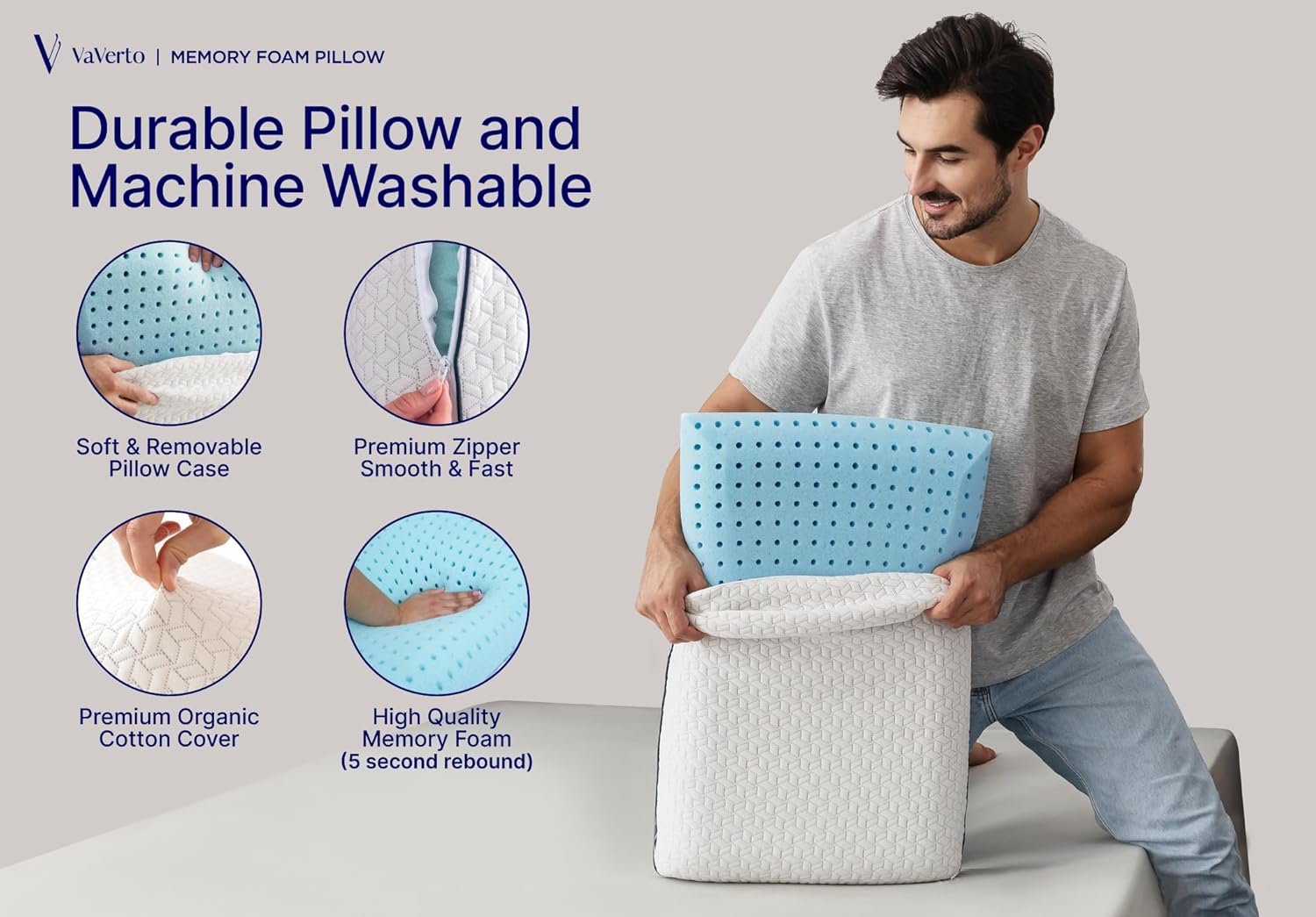 Cooling Gel Memory Foam Pillow - 1-Pack - Standard Size Bed Pillows For Sleeping - Medium-Firm - Back, Stomach and Side Sleeper Pillow - Shoulder & Back Pain Relief - Washable , Bamboo Viscose Cover - Image 2