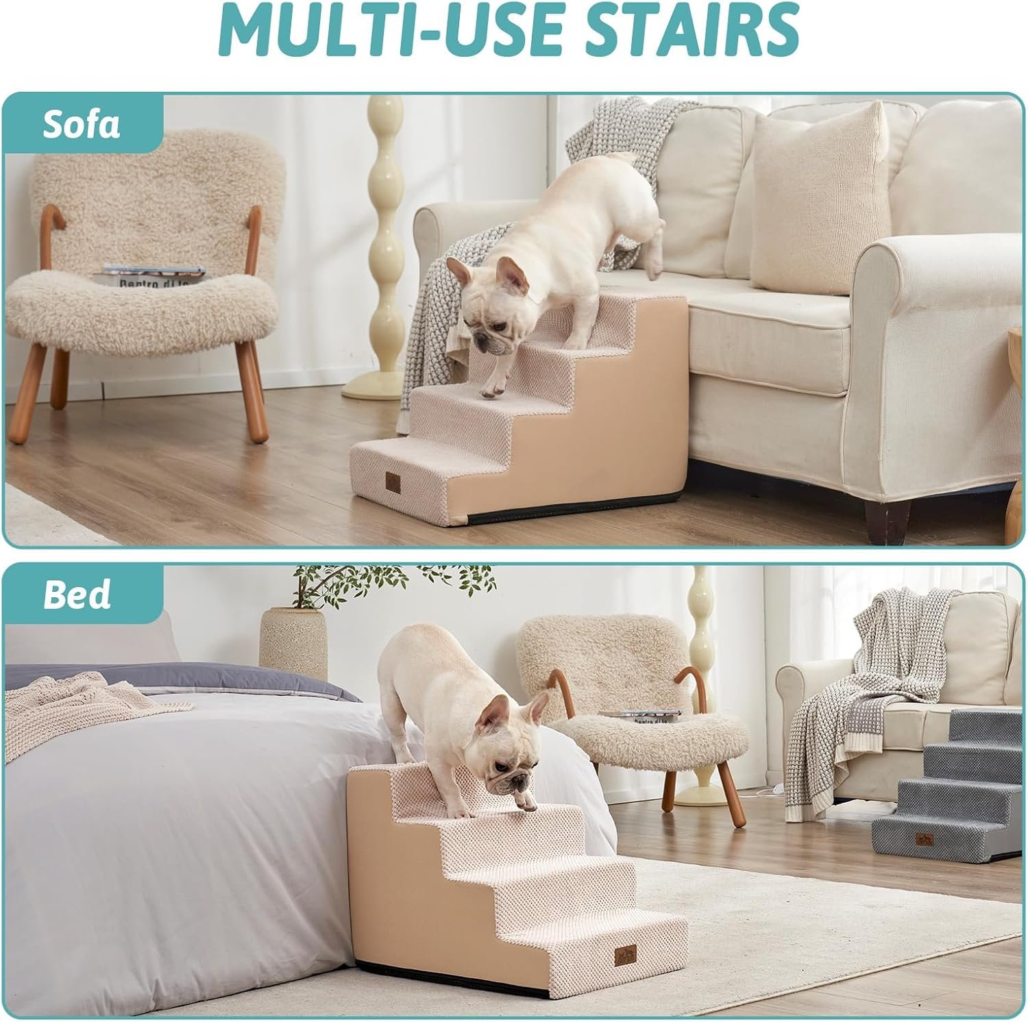 Dog Stairs for Small Dogs, 4 Tier Wider Pet Stairs for Couch and Beds, 17.7" H Non-Slip Dog Steps for Old Cats, Puppy, Small Medium Dogs, 17.7x23.6x17.7 inch, Beige - Image 5