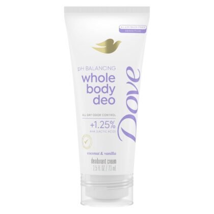 Dove Whole Body Deo Aluminum Free pH Balancing Cream Deodorant Coconut & Vanilla for 72h Odor Control 2.5 oz