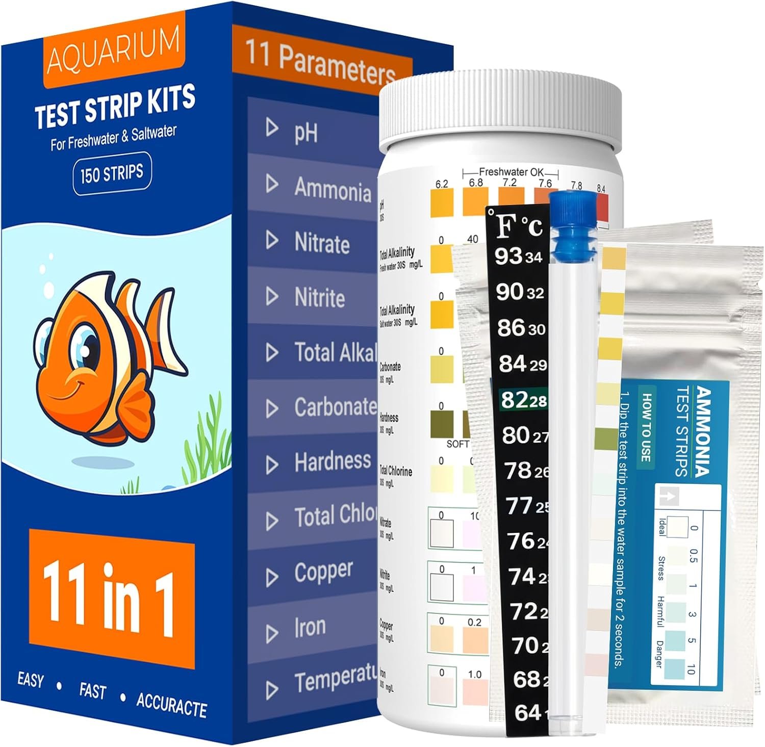 Aquarium Ammonia Test Strips 11-in-1 | 150 Strips | Quick Accurate Freshwater & Saltwater Fish Tank Water Test Testing Kit for pH, Nitrate, Nitrite,Hardness, Chlorine, Carbonate, Temp More