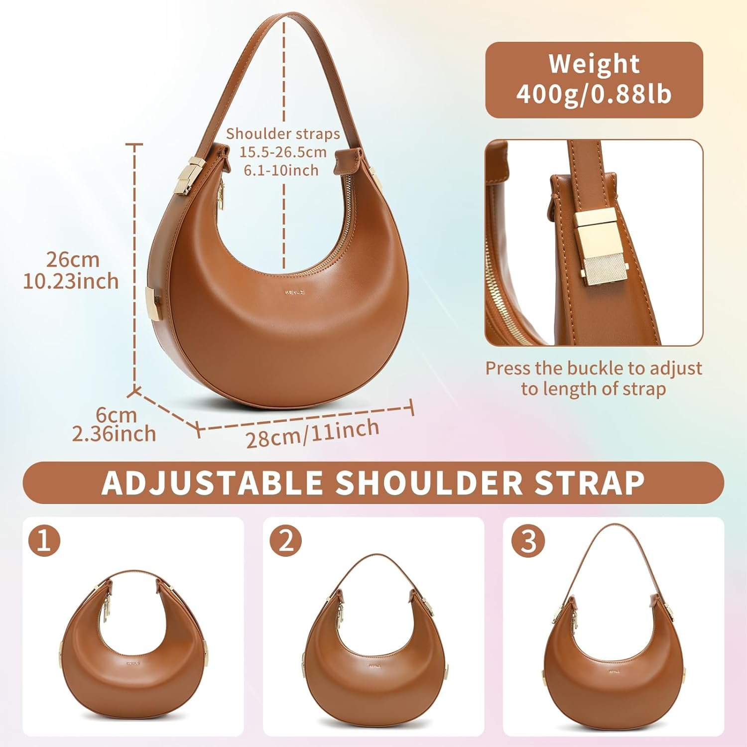 Keyli Shoulder Bag for Women 3 Ways Adjust Strap Clutches Hobo Purses Fashionable Casual Tote Handbags with 2 Zipper Closure - Image 3