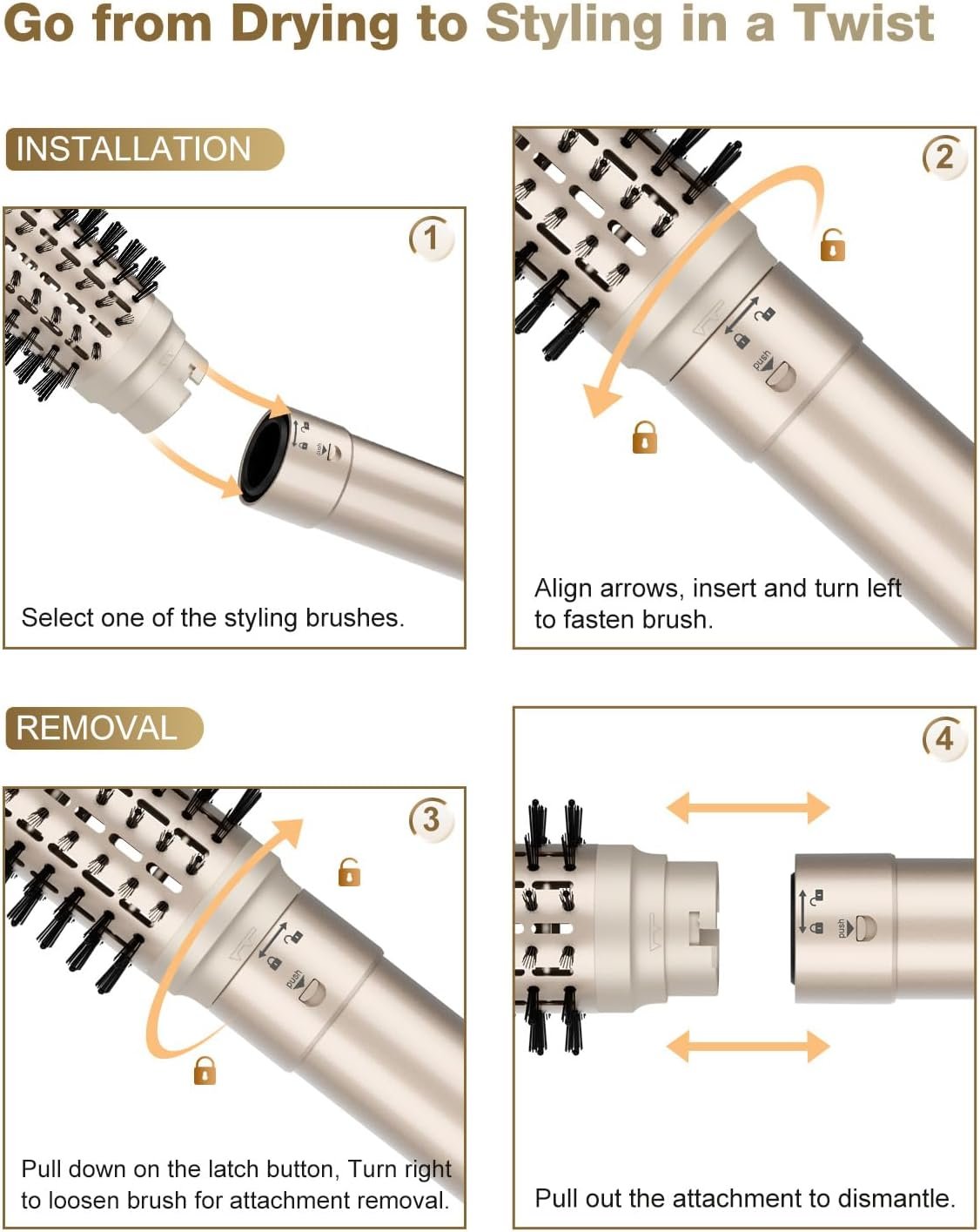 7MAGIC 6 in 1 Multi Hair Styler Dryer Brush, 110,000 RPM High-Speed, Negative Ionic, Fast Drying for Professional Blow Dry, Curling, Volumizing, Straightening and Styling, Gold - Image 9