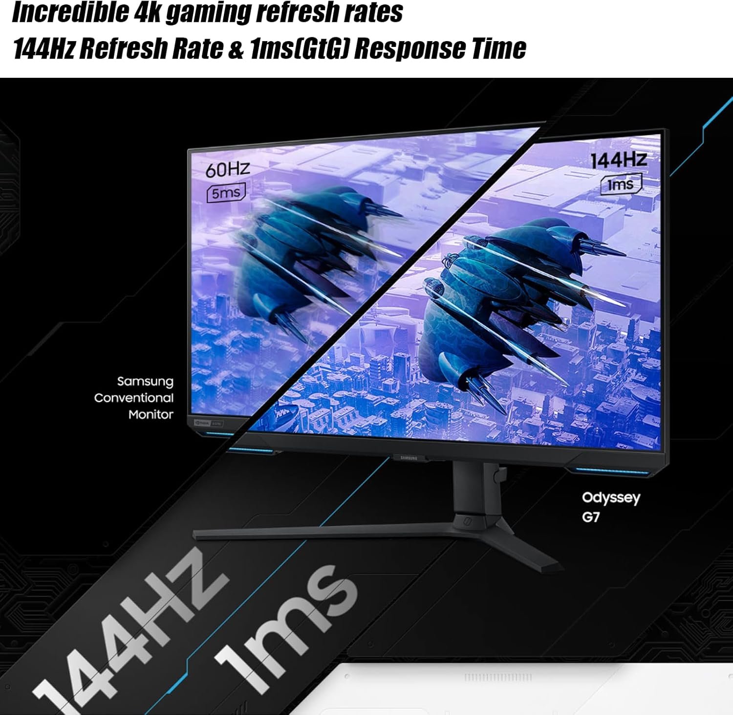 Samsung 28" Odyssey G7 4K UHD 144Hz 1ms G-Sync Gaming Monitor, HDR400, AMD FreeSync Premium Pro, Ultrawide Game View, DisplayPort, HDMI, Height Adjustable Stand, Black - Image 3