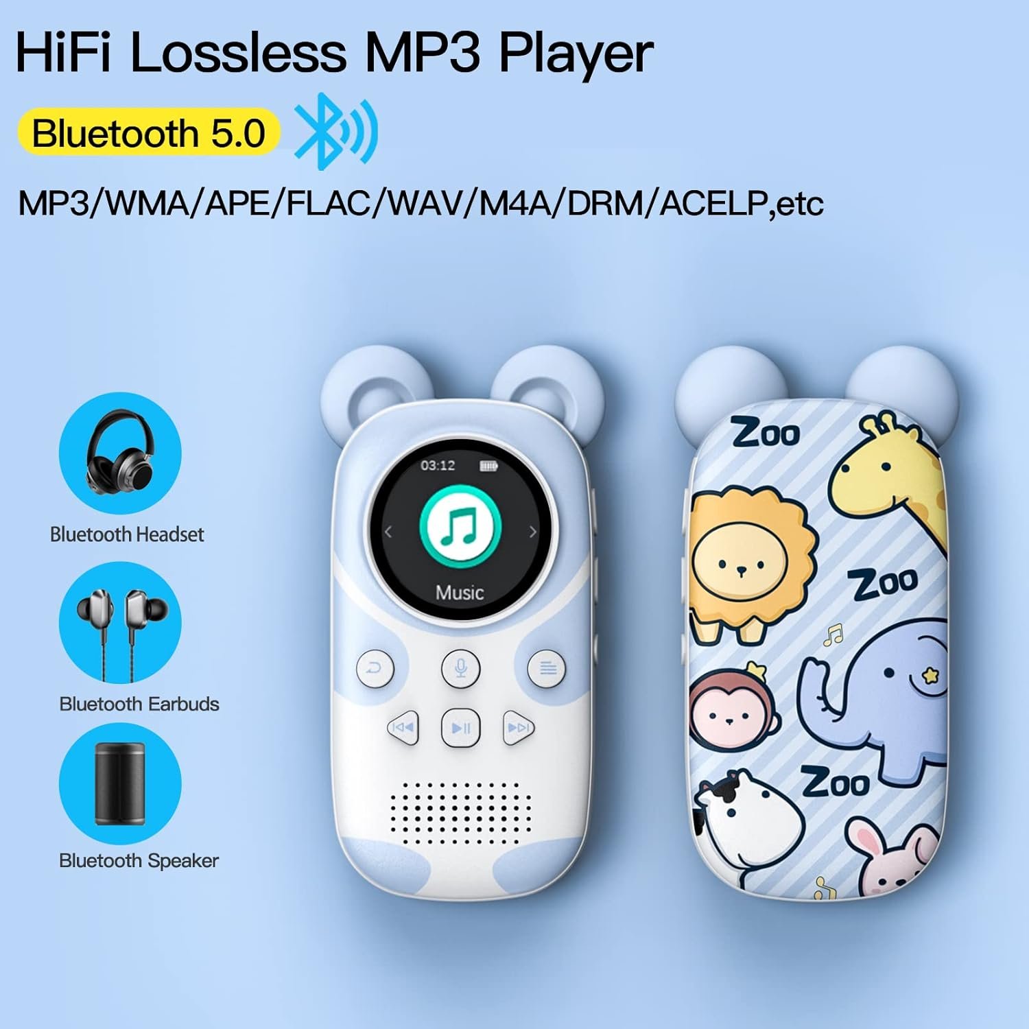 RUIZU 64GB Bluetooth MP3 Player for Kids, Cartoon Zoo Portable Music Player, Child MP3 Player with Bluetooth, Speaker, FM Radio, Voice Recording, Stopwatch, Pedometer, Expandable 128GB Micro SD Card - Image 3