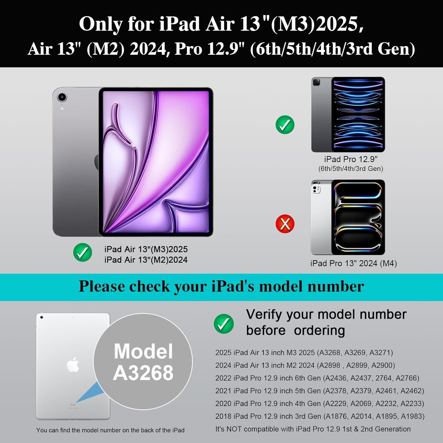 iPad Air 13 inch Case Keyboard (M3 M2, 2025 2024),Wireless iPad Keyboard for Pro 12.9 inch 6/5/4/3rd Gen,Magnetic Detachable with Trackpad,7-Color Backlit,Landscape/Portrait,Adjustable Stand (Gray) - Image 2