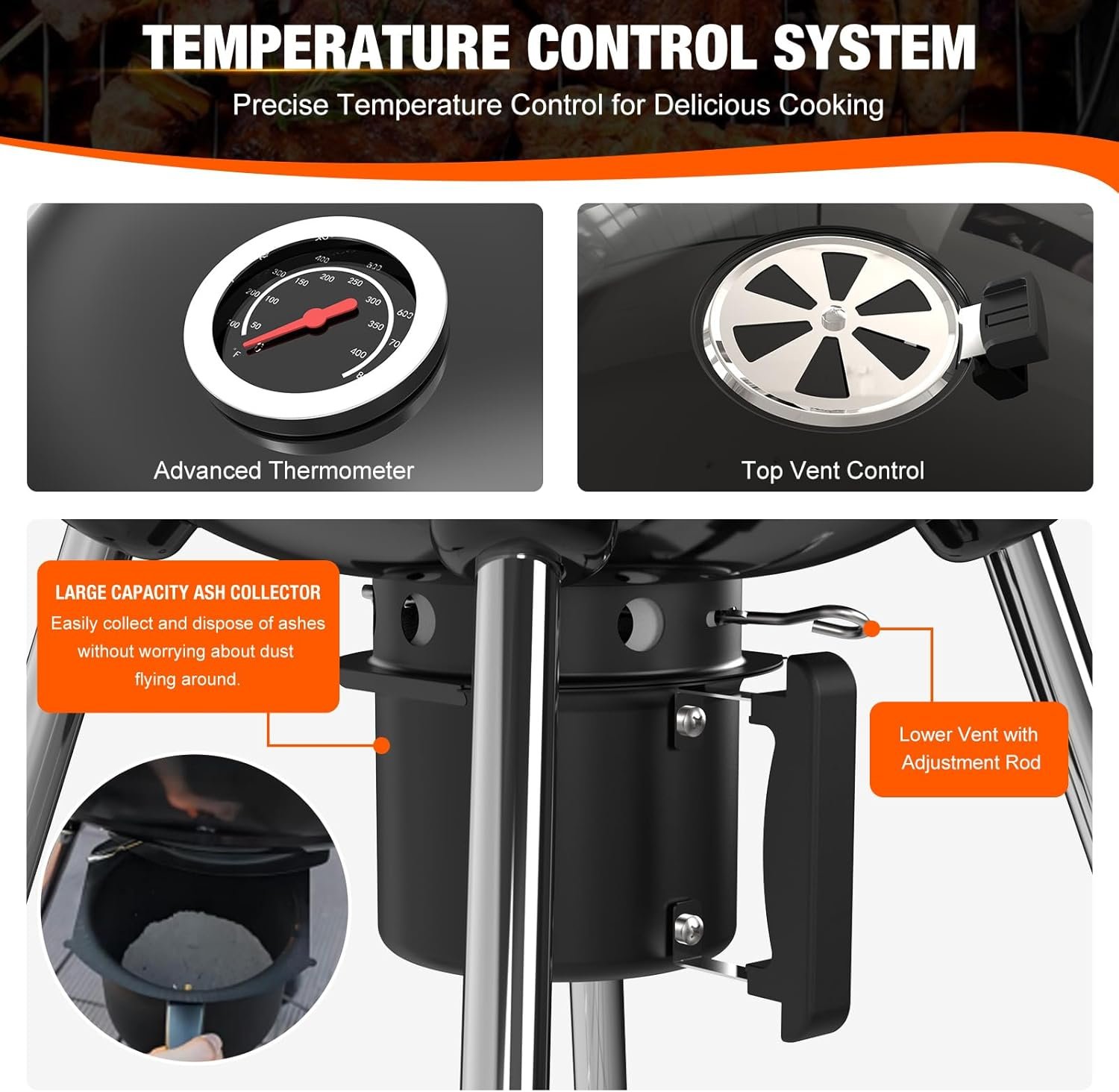 22 inch Premium Charcoal Grill, Kettle Barbecue and Smoker Grills 500+ Sq. In. Cooking Area for Outdoor BBQ, Tailgating and Patio, Black - Image 7