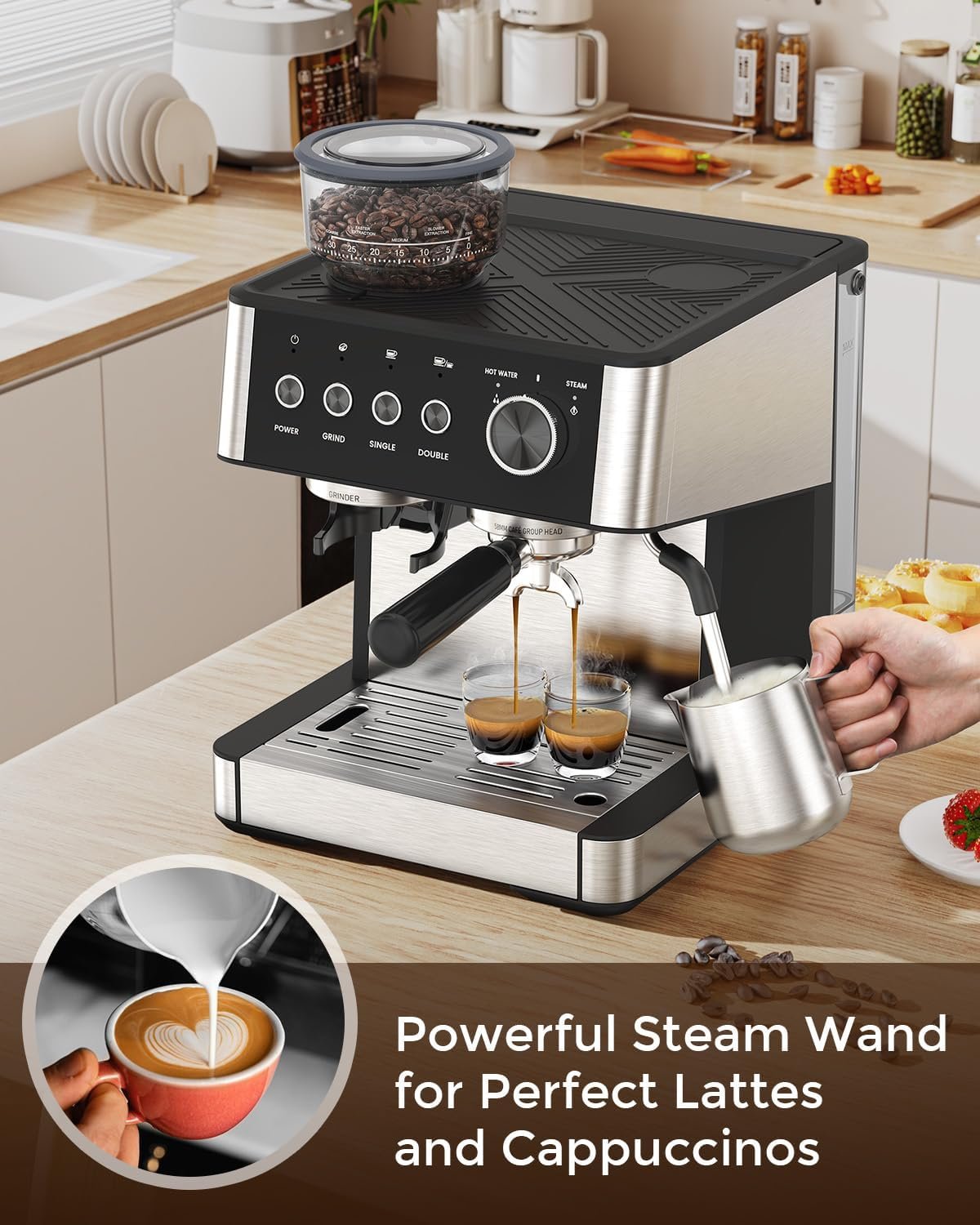 (2025 Upgrade)20 Bar Espresso Machine with Built-in Anti-Clog Coffee Grinder, Expresso Coffee Machines with Milk Steam Wand/Frother/Tamping Tools,Espresso Maker with Grinder for Lattes-Deep Black - Image 6