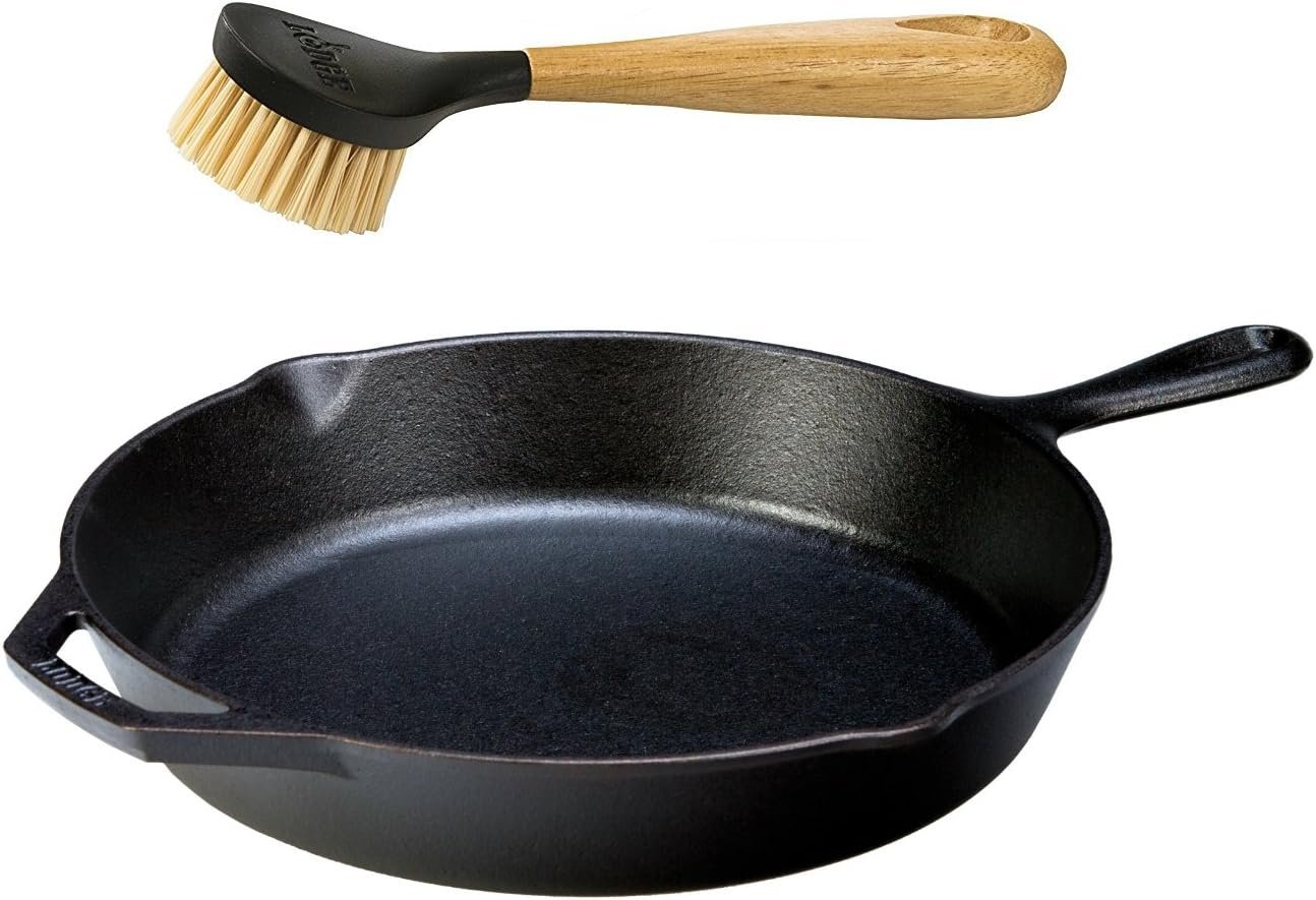 Lodge Seasoned Cast Iron Skillet with Scrub Brush- 12 inch Cast Iron Frying Pan With 10 inch Bristle Brush