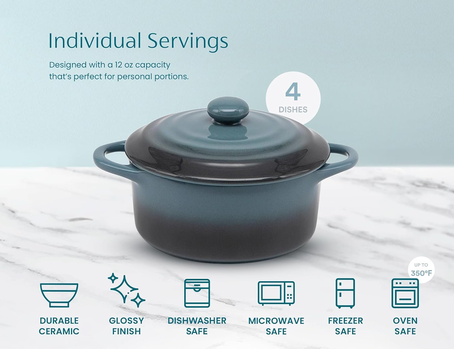 Kook Ceramic Mini Cocotte Set, Small Casserole Dishes with Lids and Handles, Individual Baking Ramekins, Oven, Microwave & Dishwasher Safe, Stoneware, 12 oz, Set of 4 (Stone Ombre) - Image 7