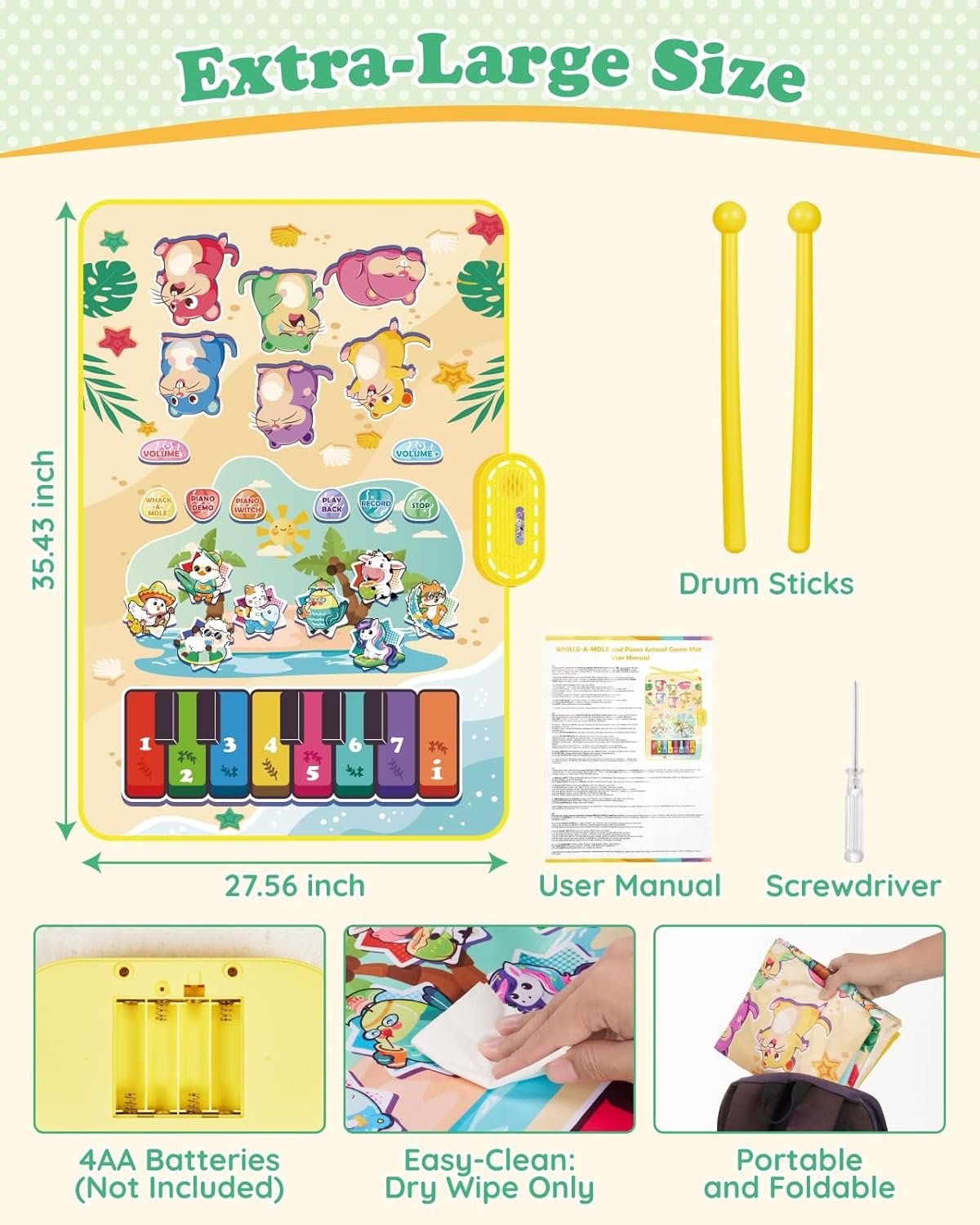 3-in-1 Musical Mat Toys for Toddlers, Led Light Up Mole Bashing & Piano Keyboard & Animal Sounds with 2 Drum Sticks,Early Educational Musical Learning Toys, Birthday Gifts for 3+ Boys & Girls - Image 7