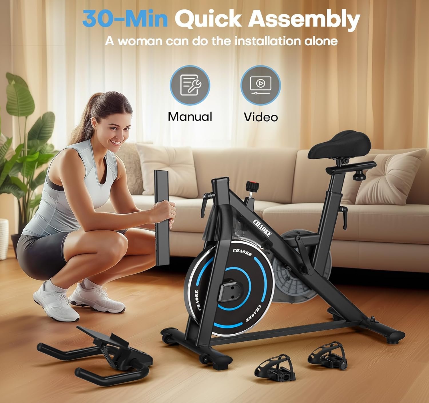 CHAOKE Exercise Bike, Quiet Adjustable Magnetic Stationary Bike for Home Cardio with App Compatible, 350LB Weight Capacity Indoor Cycling Bike with Large Seat, Dumbbell Rack, Pull Cords & LCD Display - Image 7