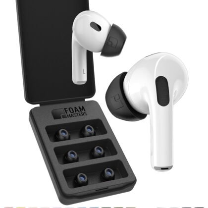 Foam Masters Ultra-Premium Memory Foam Ear Tips for AirPods Pro 1st & 2nd Gen | 3 Pairs | New Ver. | Secure Fit | Super Comfort | Better Noise Cancel | Replacement Buds (Assorted S/M/L, Black)