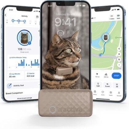 Tractive Smart Cat GPS Tracker | Real-Time Location & Wellness Monitoring for Cats 6.5 lbs+ | Territory & Location History | Up to 5-Day Battery | Breakaway Collar Included (Brown)