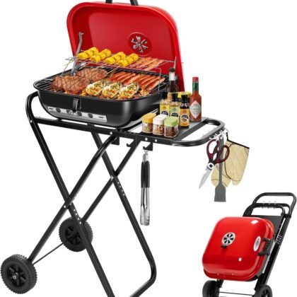 VIVOHOME 18 Inch Portable Charcoal Grill, Foldable Barbecue Grill with Heat-resistant Enamel Coating Lid, Outdoor Charcoal Smoker for Backyard, Camping and Picnics