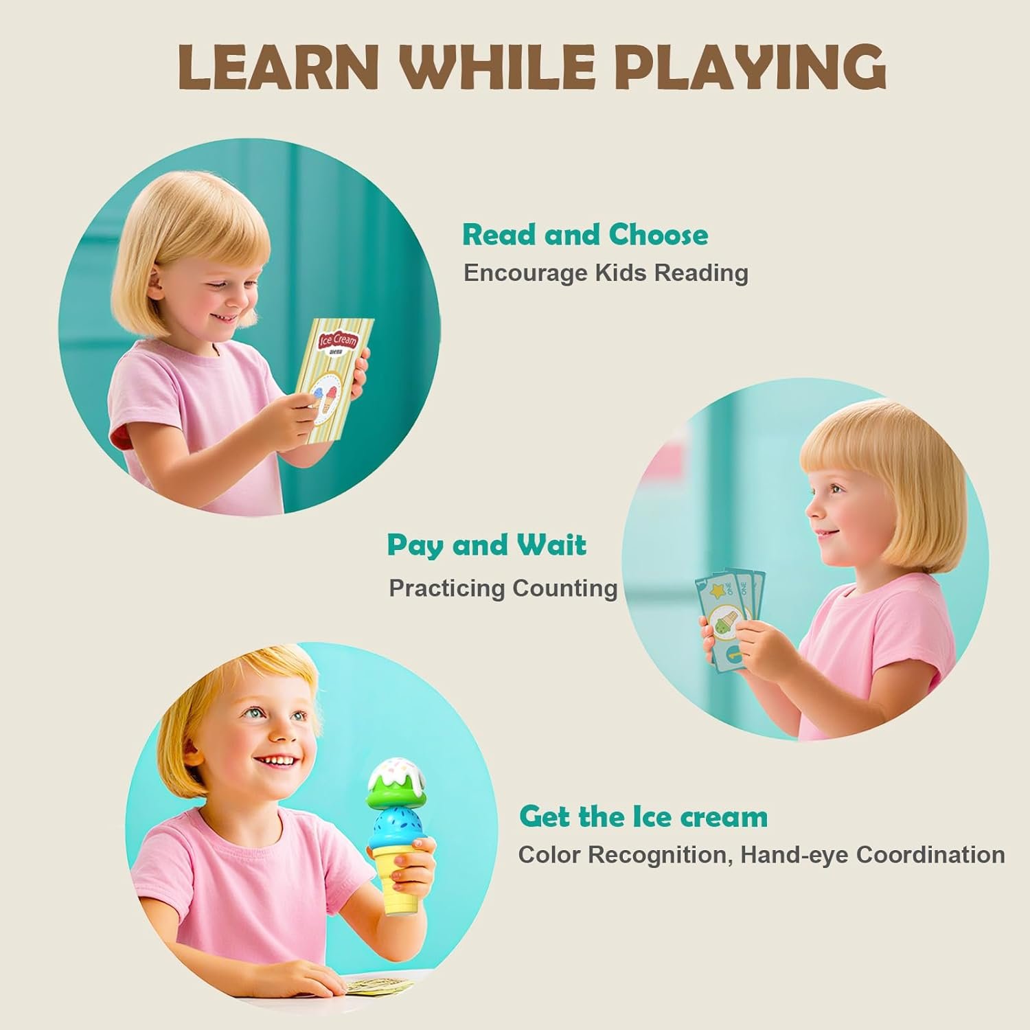 Ice Cream Toy for Kids - Toys for 3 4 Year Old Girls, Wooden Ice Cream Counter Shop Pretend Play Food with Apron, Scoop, Menu, Fake Money, Gifts for Boys Girls Toddlers Ages 3 4 5 - Image 3
