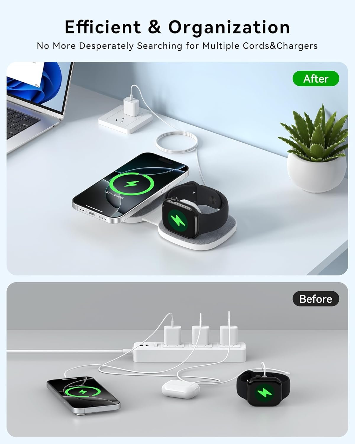 Flodable 2 in 1 Mag-Safe Wireless Charger for iPhone 16 15 14 13 12 Series,Apple Watch Series/Ultra/SE,Airpods/Pro,Portable Magsafe Charger 3 in 1 Wireless Charging Station (Grey with 20W PD Charger) - Image 4