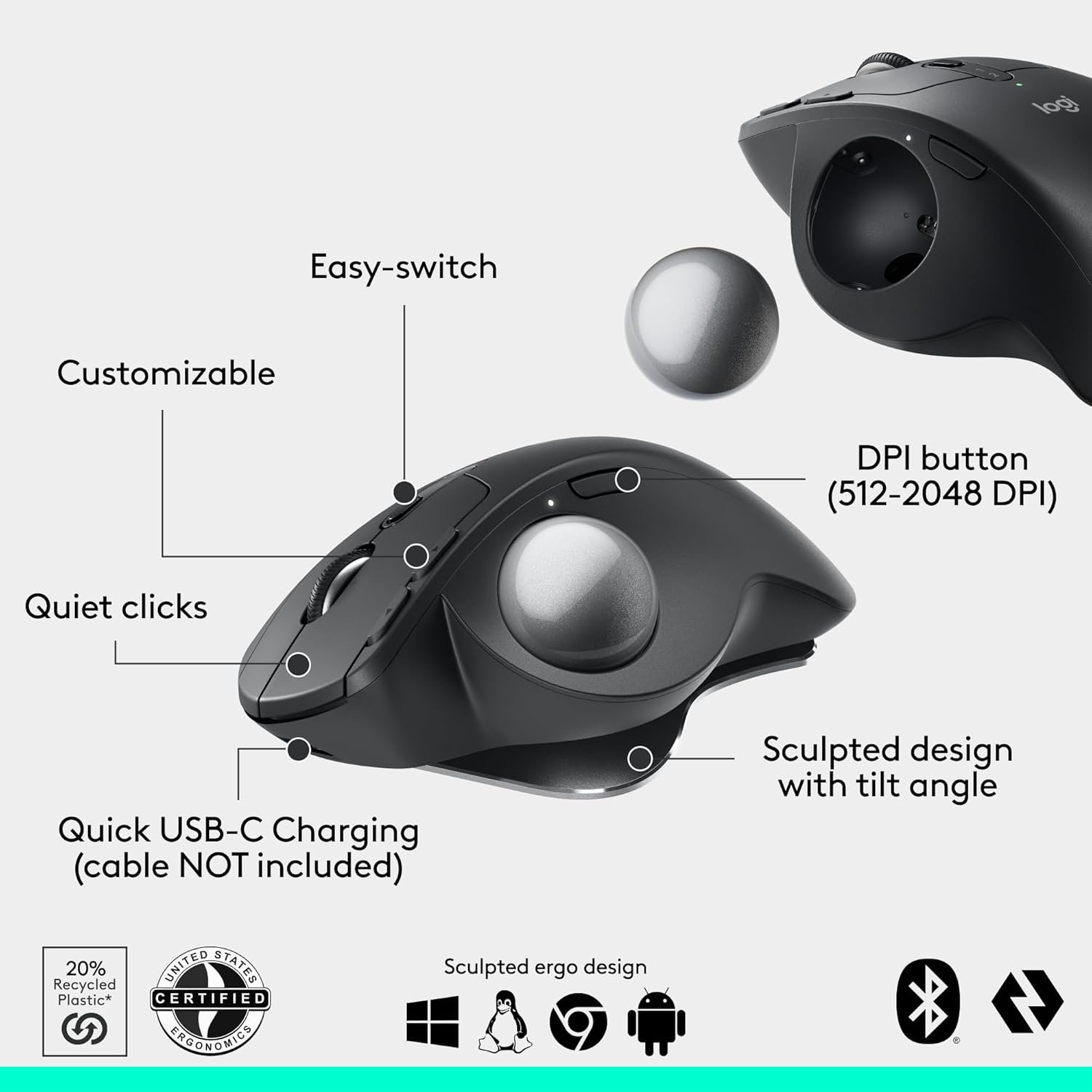 Logitech MX Ergo S Advanced Wireless Trackball Mouse, USB-C Rechargeable Wireless Ergonomic Mouse with Bluetooth and Encrypted Dongle, 6 Programmable Buttons, for PC/Mac - Graphite - Image 6