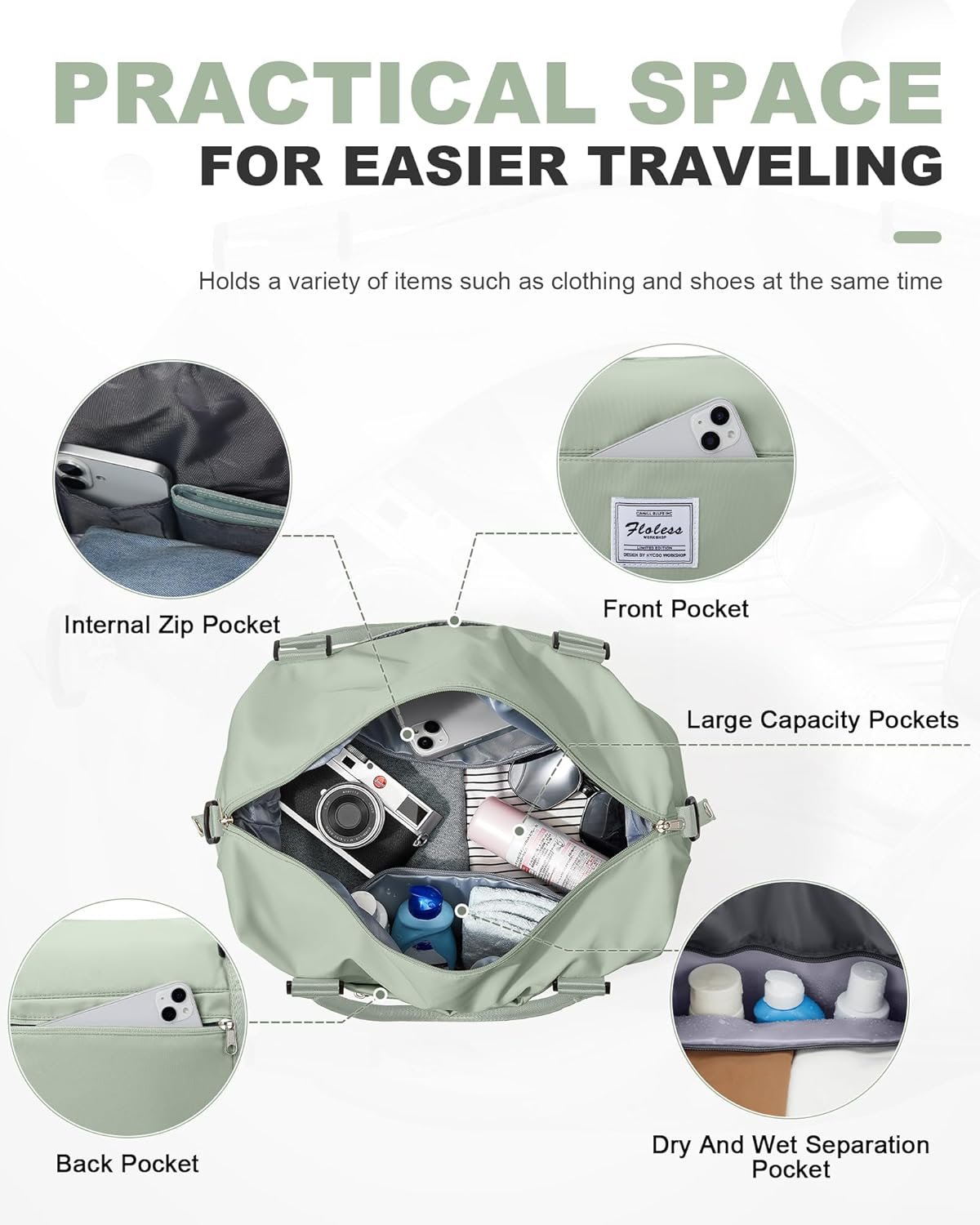 Spirit Travel Duffel - 18x14x8 Inches Weekender Overnight Bag with Shoes Compartment, Trolley Sleeve, Carry On for Airplanes, Sport Tote Gym Bag in BeigeGreen - Image 3
