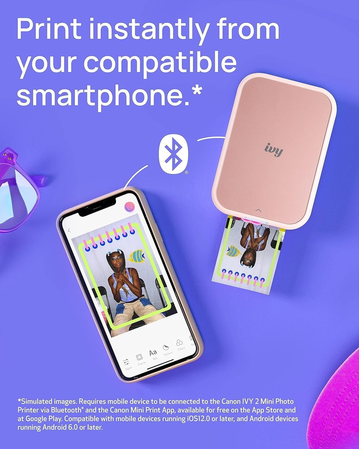 Canon Ivy 2 Mini Photo Printer (Blush Pink) - Bluetooth, Print from iOS & Android Devices, Bundle Incl. 110 Zink Sticky-Back Prints, LED Light Bar, Protective Case, and USB Cable - Image 3