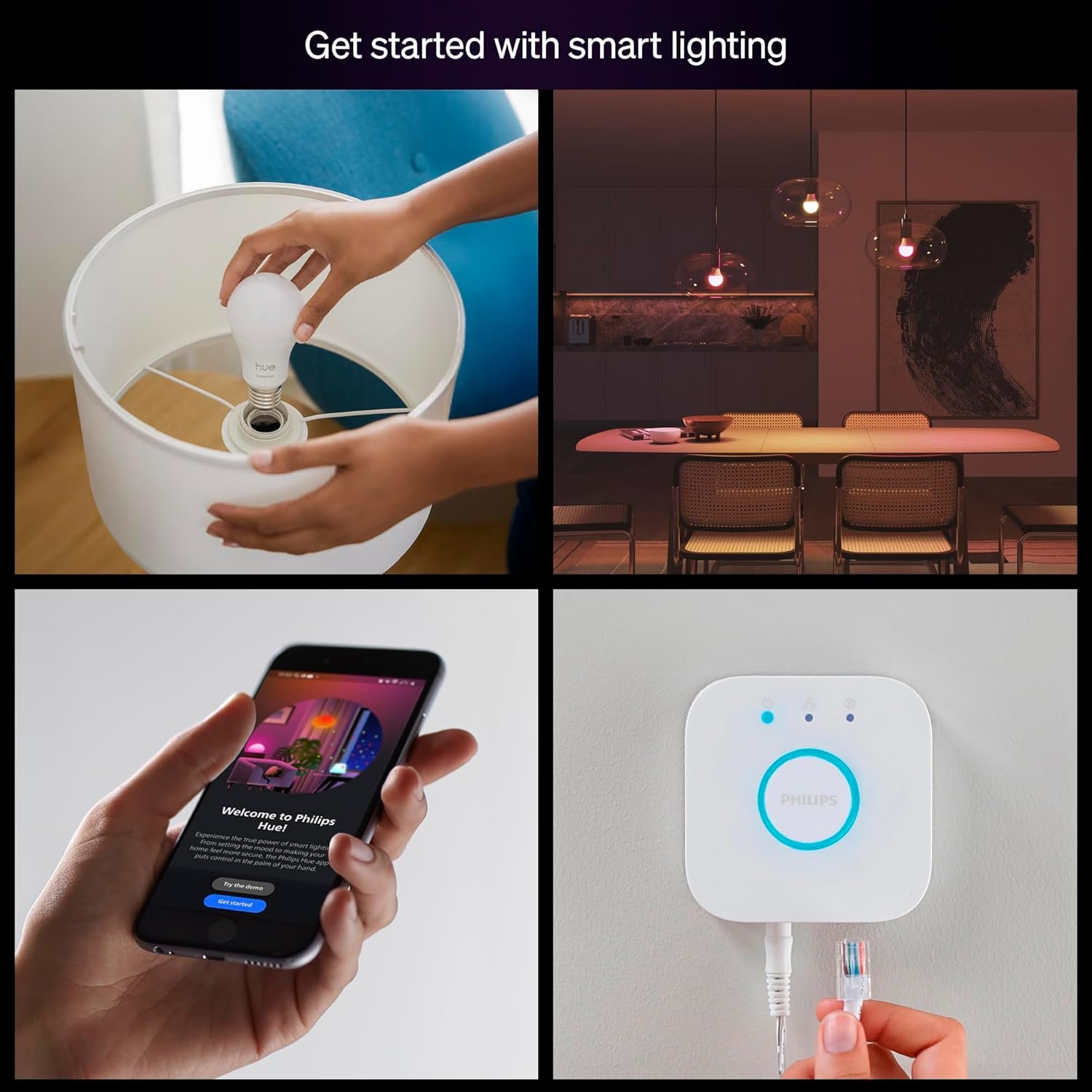 Philips Hue Essential Starter Kit: Bridge + 4 Essential E26 Smart Bulbs,White & Color Ambiance,2200K-6500K,Dimmable,Compatible with Alexa,Google,Samsung SmartThings,Apple Home - Image 2